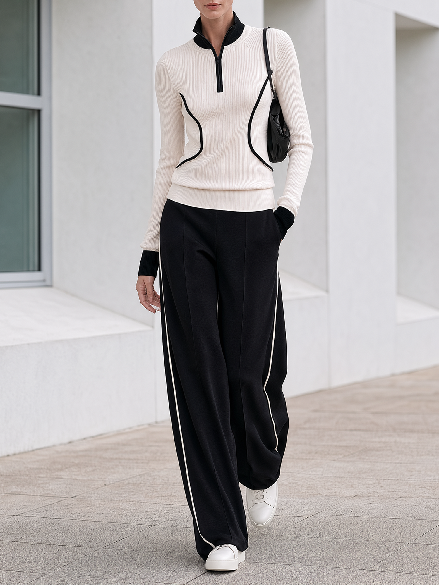 Half-zip Stand-collar Colorblock Knit Top And Side-stripe Wide-leg Pants Set