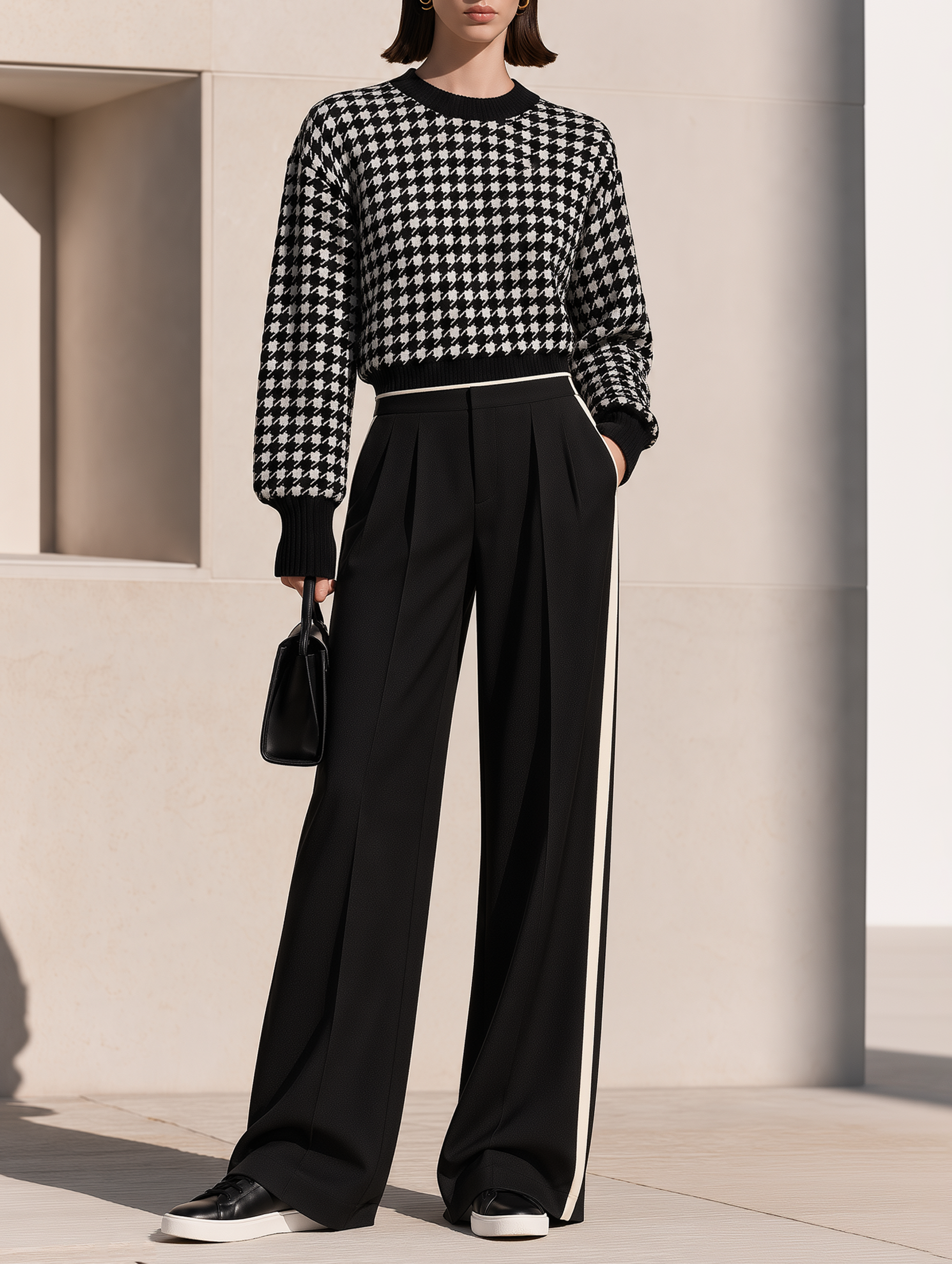 Black And White Houndstooth Knit Sweater And Wide-Leg Pants Set