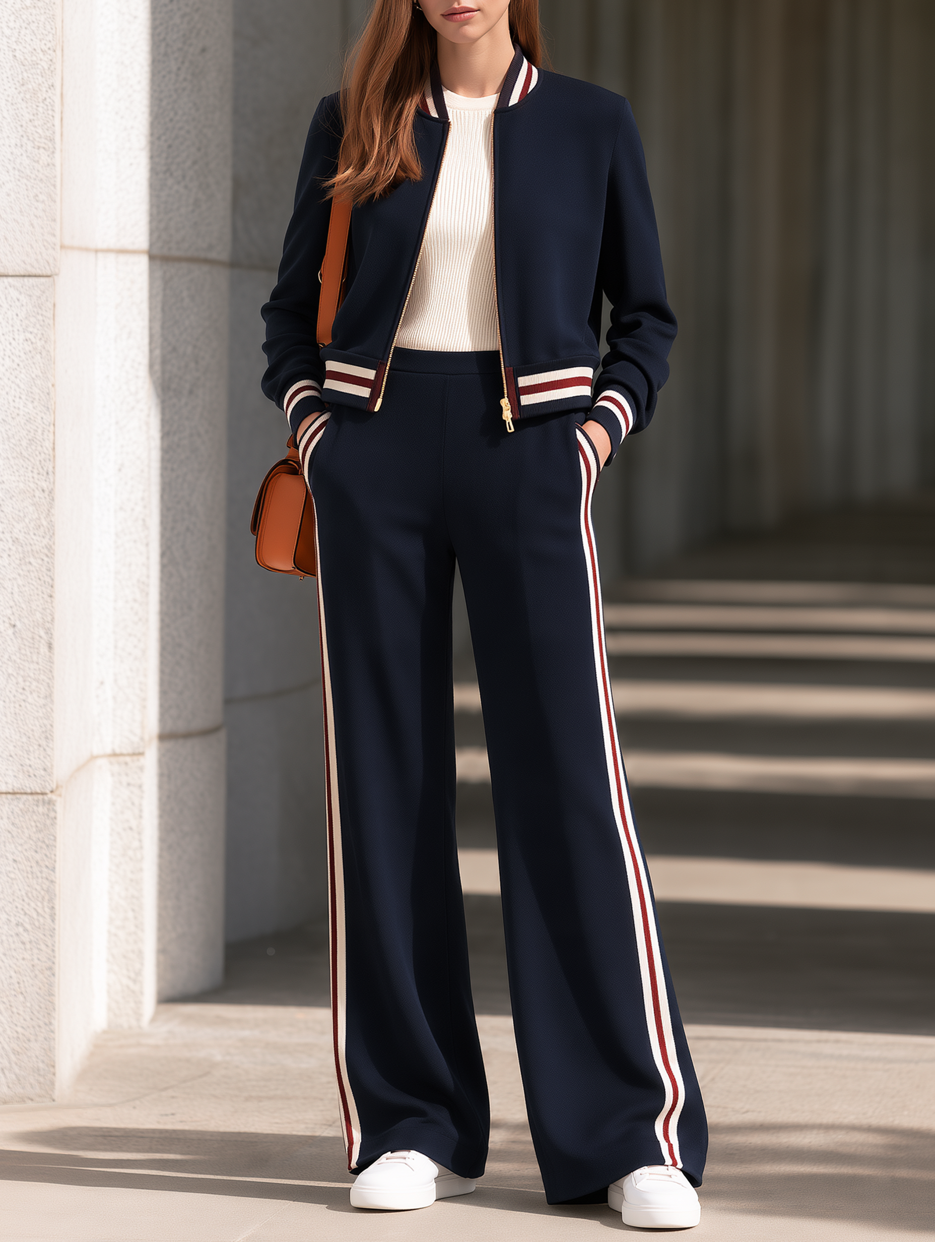 Navy Jacket And Wide-leg Trousers Set With Striped Trim