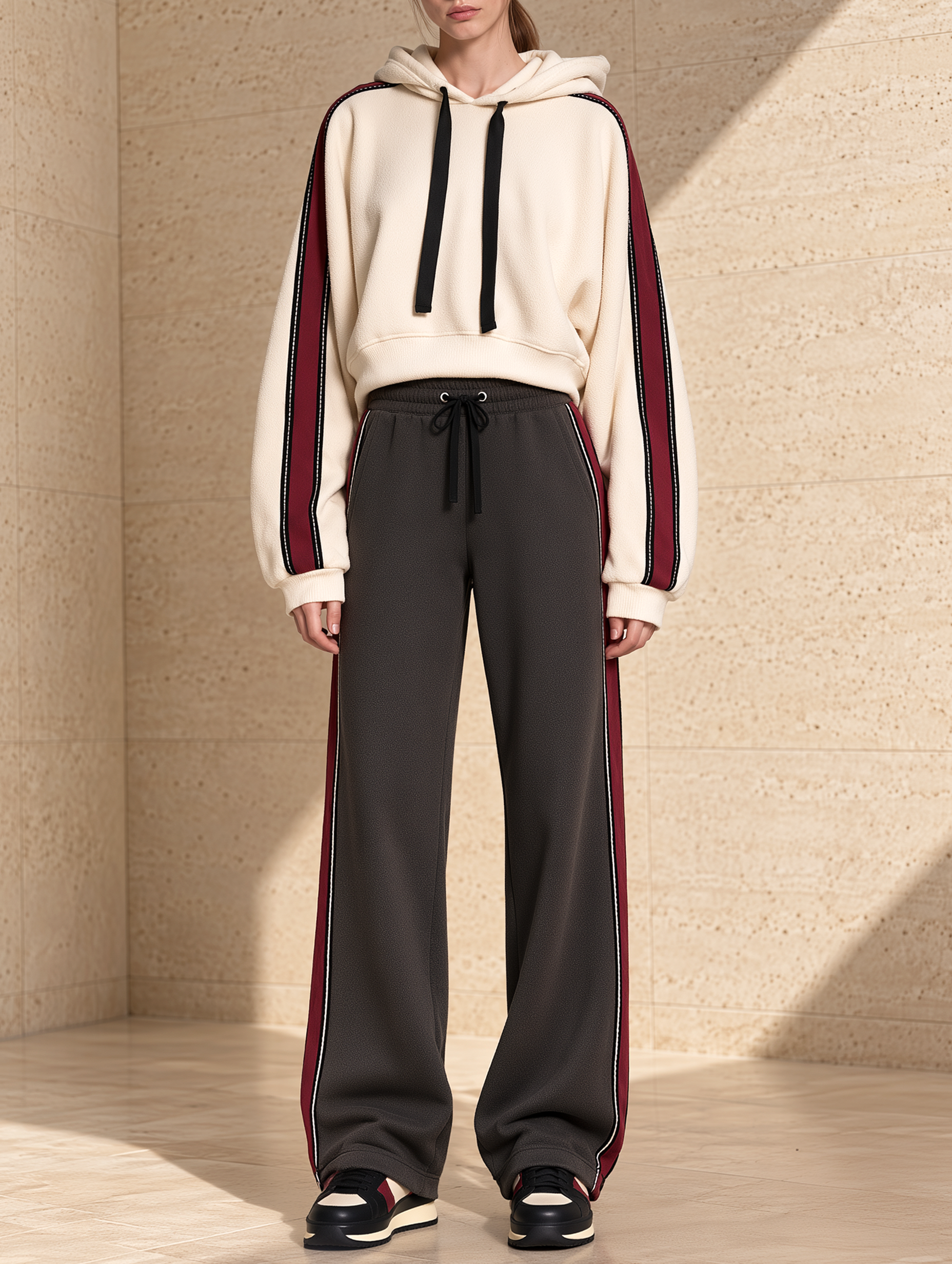 Off-white Hooded Sweatshirt And Drawstring Wide-leg Pants Set