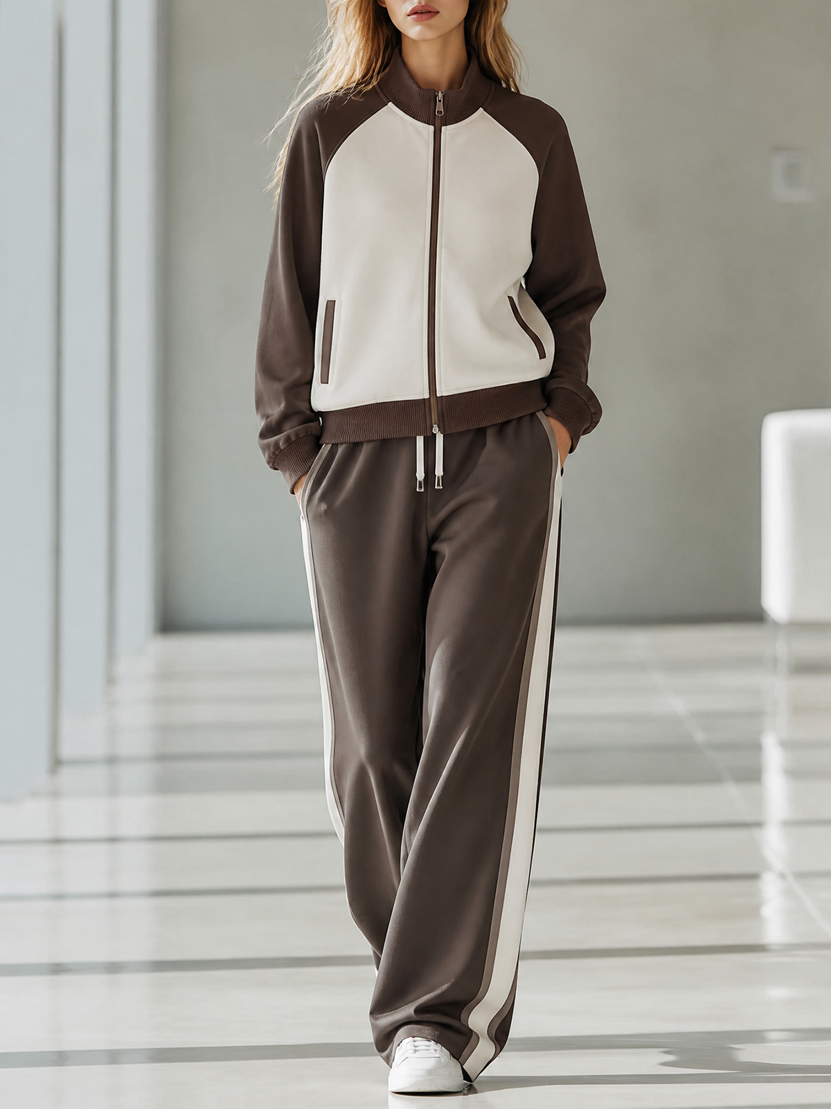 Dark Brown-White Color Block Stand Collar Full Zip Raglan Sleeve Jacket Wide Leg Pants Two Piece Set