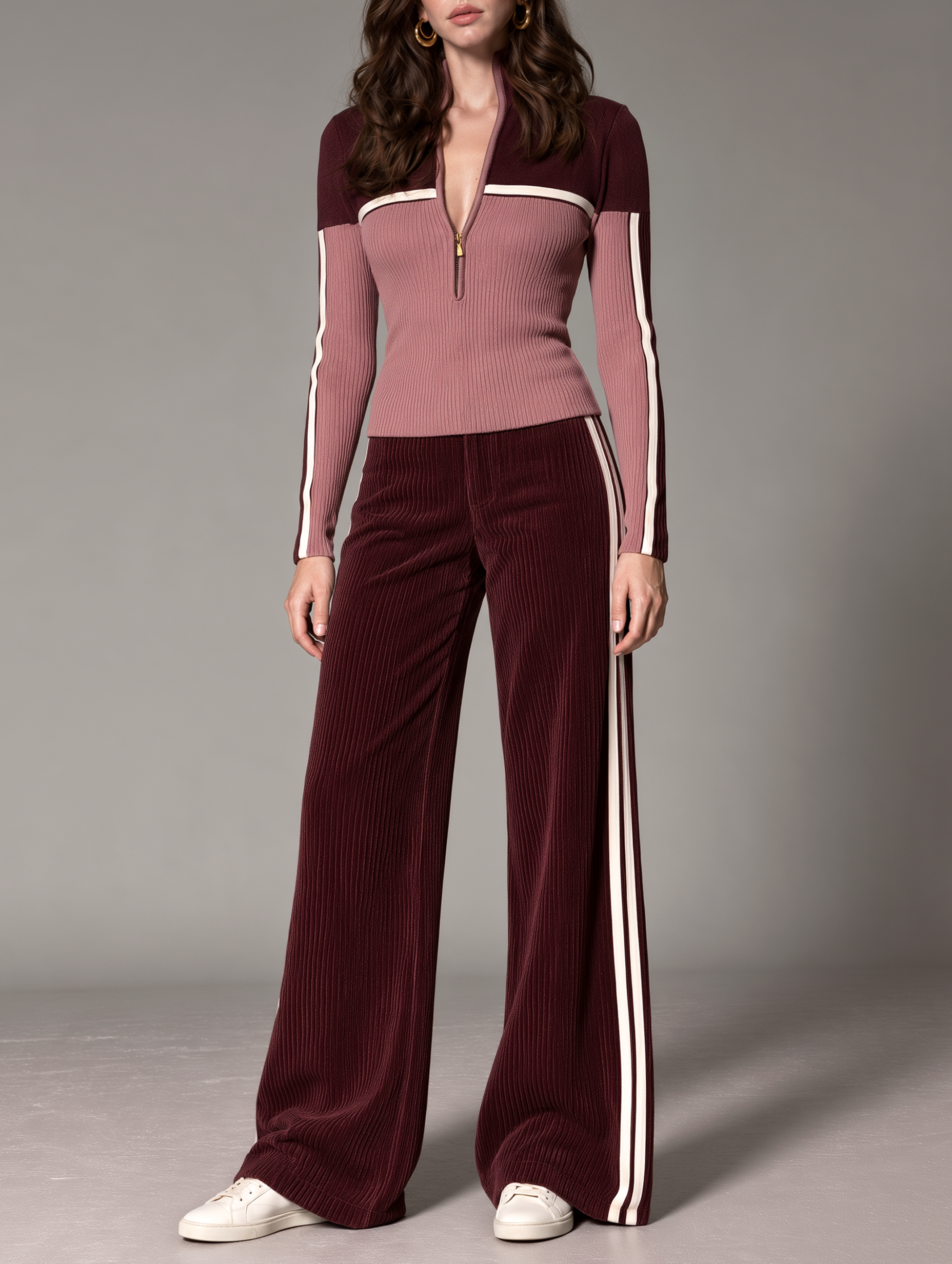 Pink Color-block Half-zip Sweater And Corduroy Pants Set