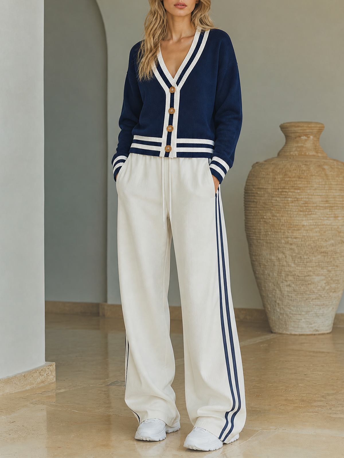 Navy Blue V-Neck White Trim Stripe Button Knit Cardigan Wide Leg Pants Two Piece Set