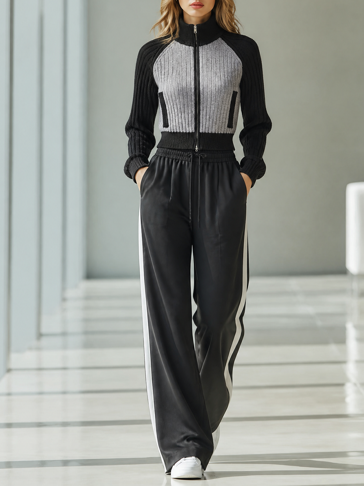 Black-Gray Color Block Stand Collar Full Zip Raglan Sleeve Knit Cardigan Wide Leg Pants Two Piece Set
