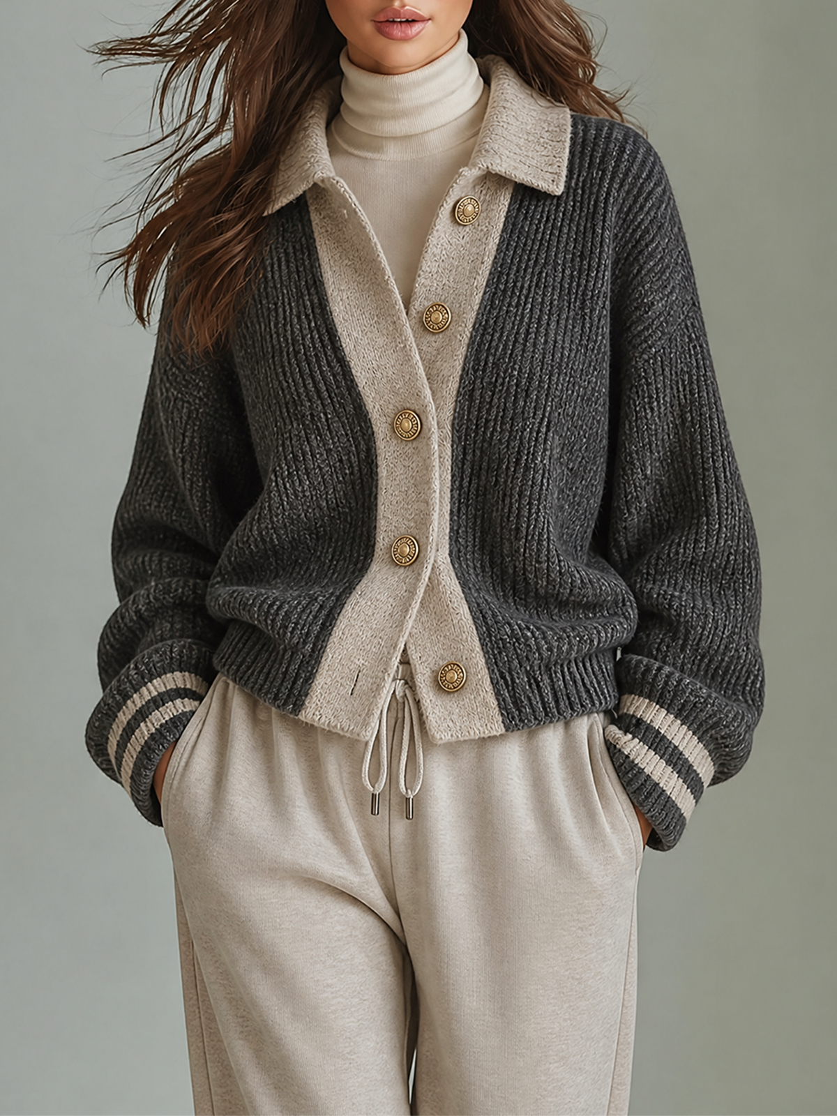 Dark Gray Lapel Collar Contrast Placket Single Breasted Loose-Fit Knit Cardigan