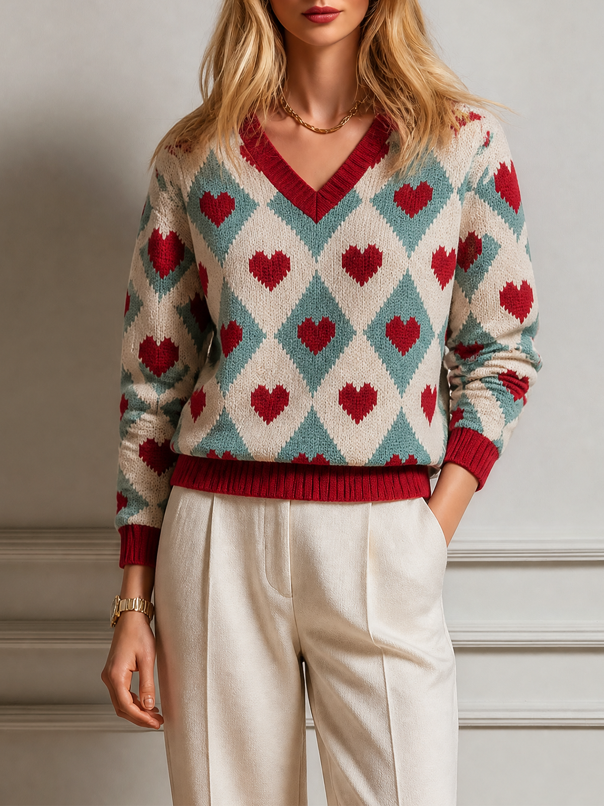 Cream-Teal V-Neck Argyle Red Heart Jacquard Loose-Fit Knit Sweater