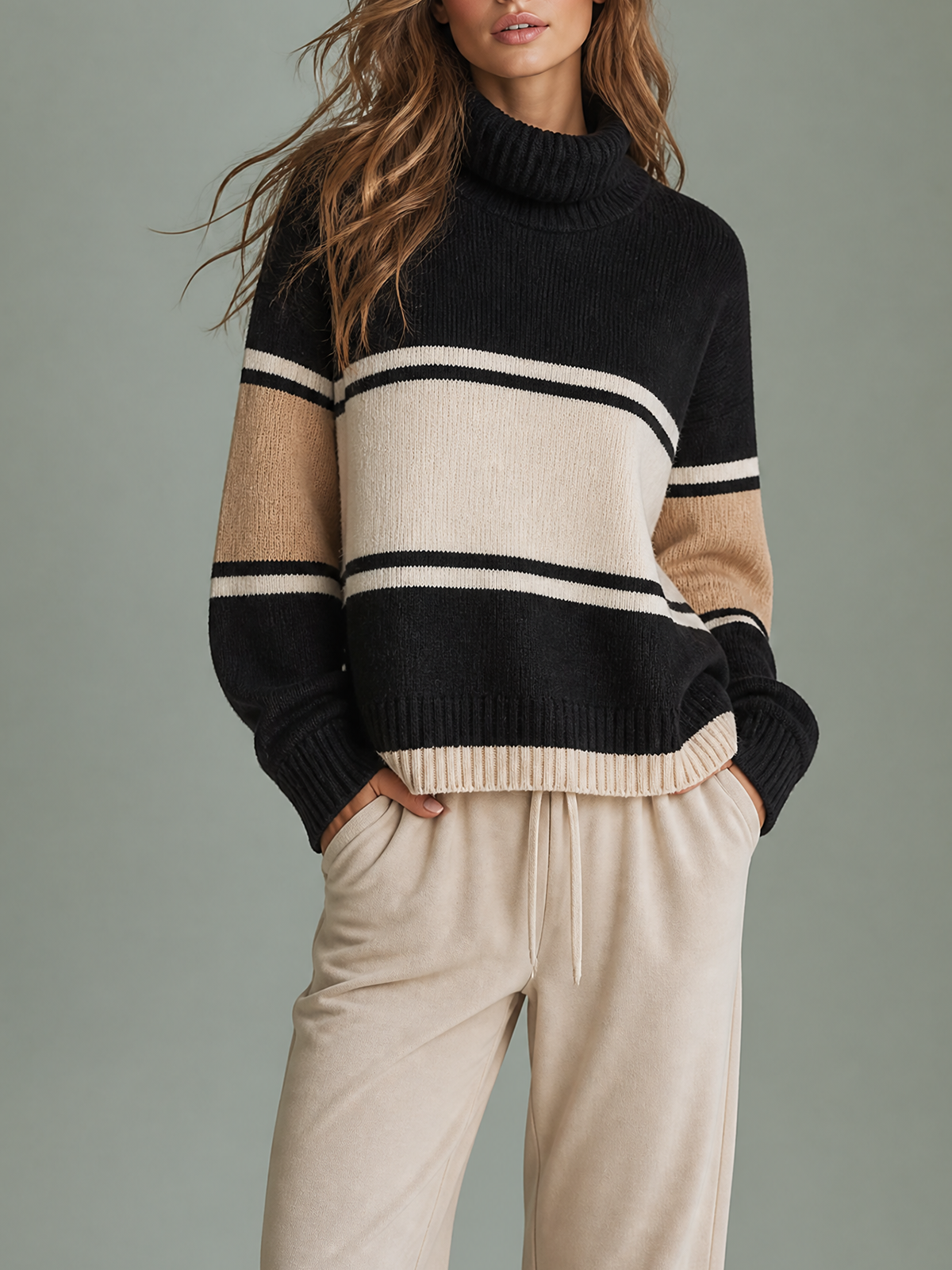 Black-Cream Color Block Turtleneck Horizontal Stripe Loose-Fit Knit Sweater