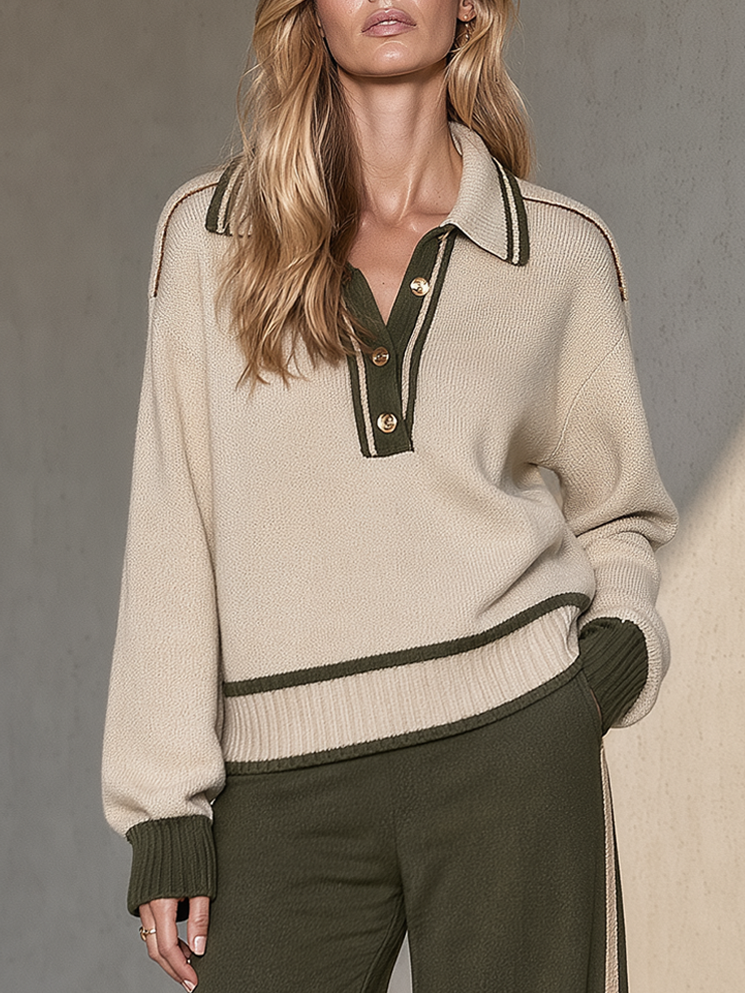 Beige And Olive Green Color-block Polo-collar Sweater