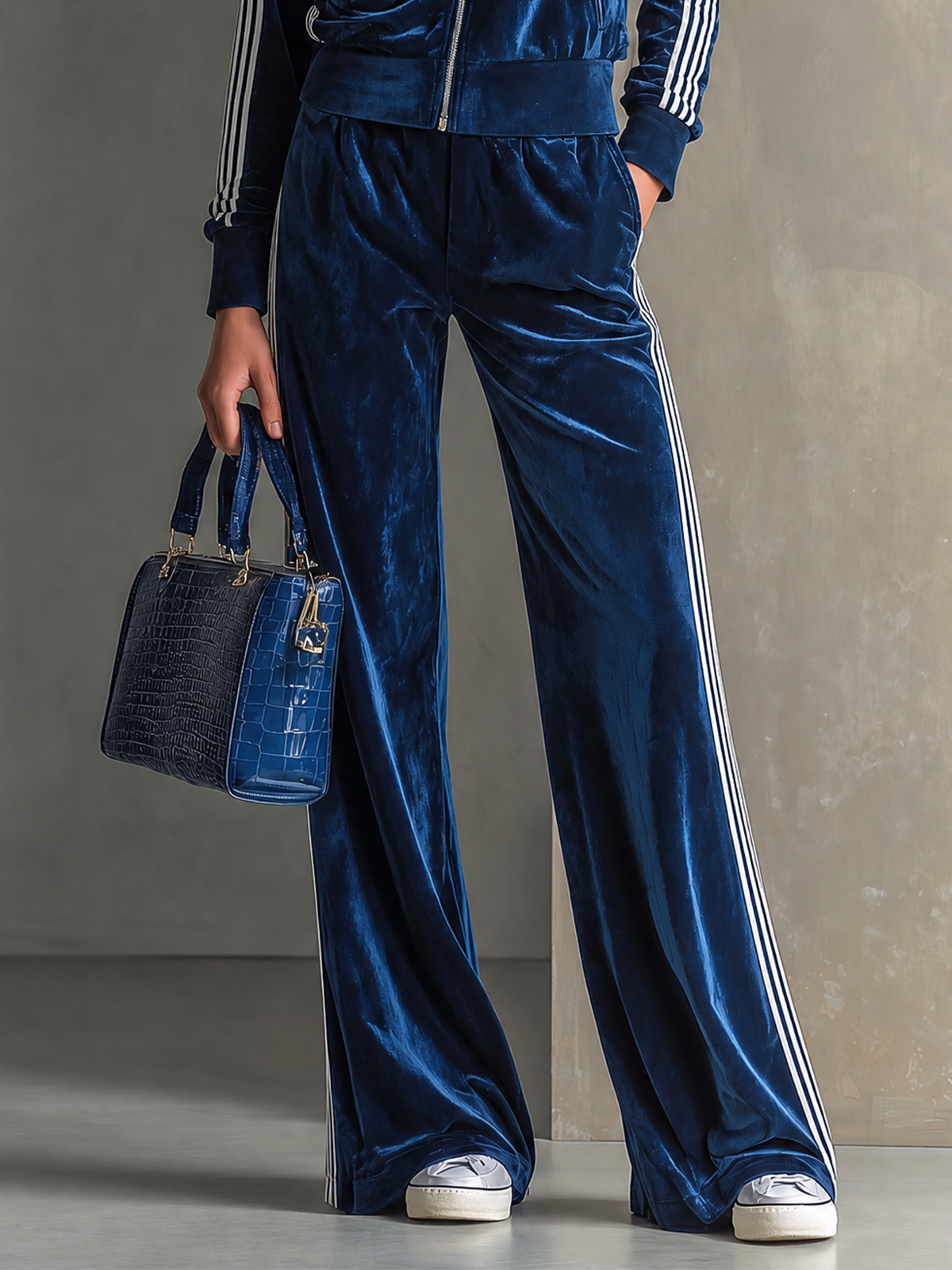 Royal Blue Velvet Contrast Stripes Elastic Waist Wide-leg Pants