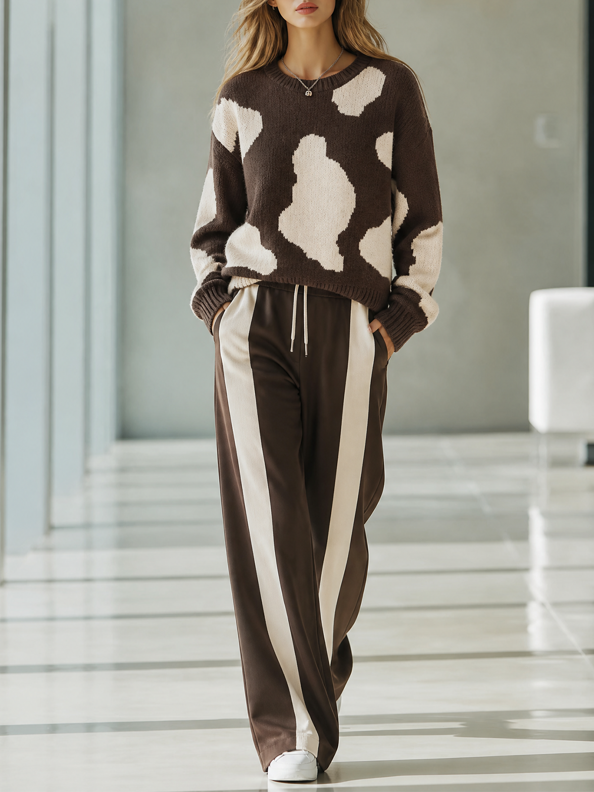 Dark Brown Crew Neck Cow Spot Jacquard Knit Sweater Wide Leg Pants Two Piece Set