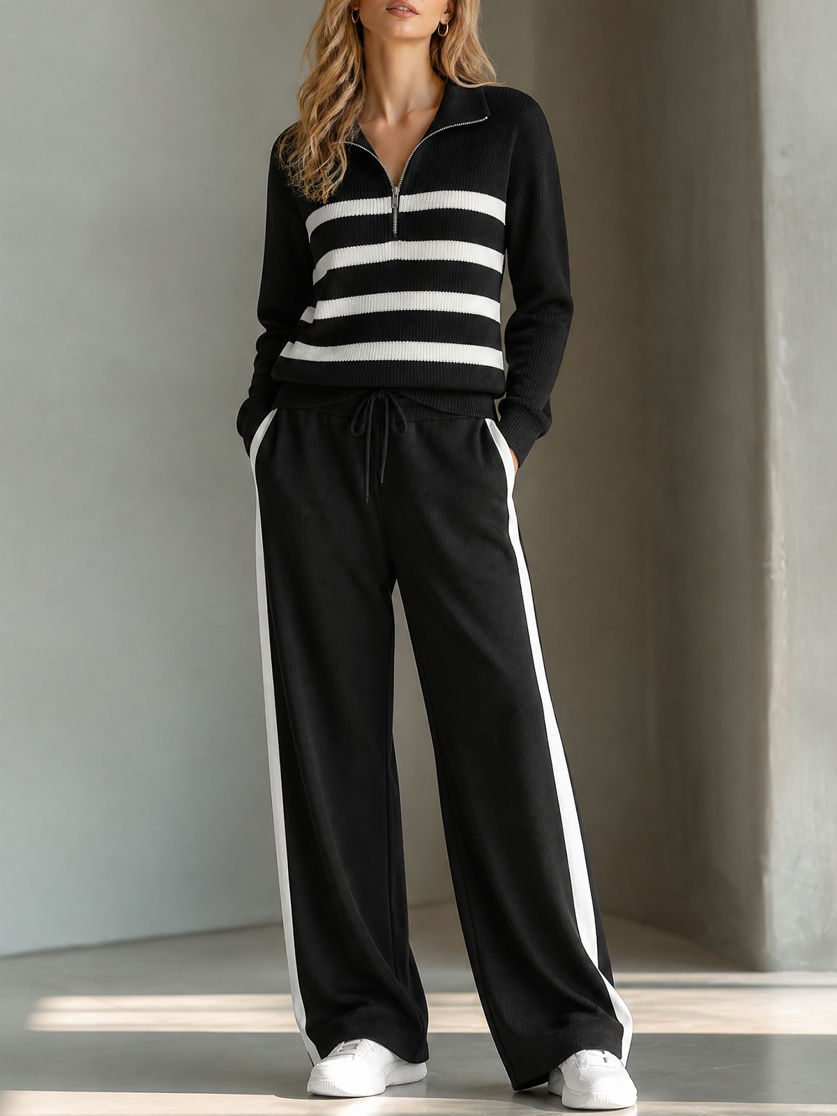 Black-White Stripes Lapel Collar Half Zip Knit Sweater Wide Leg Pants Two Piece Set