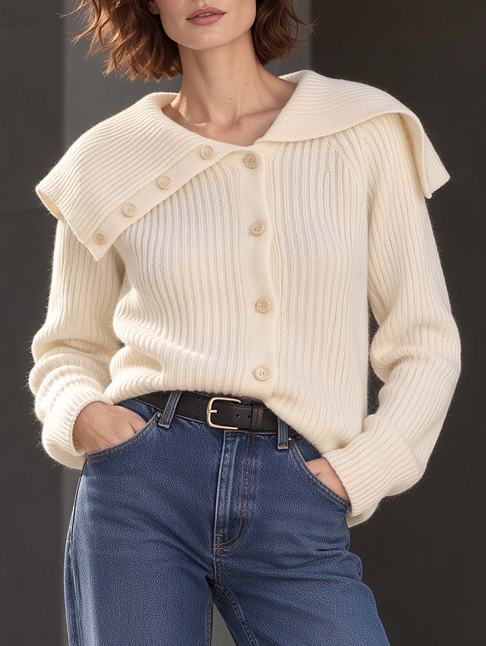 Stylish, Design-forward Off-white Cardigan Sweater With Decorative Buttons