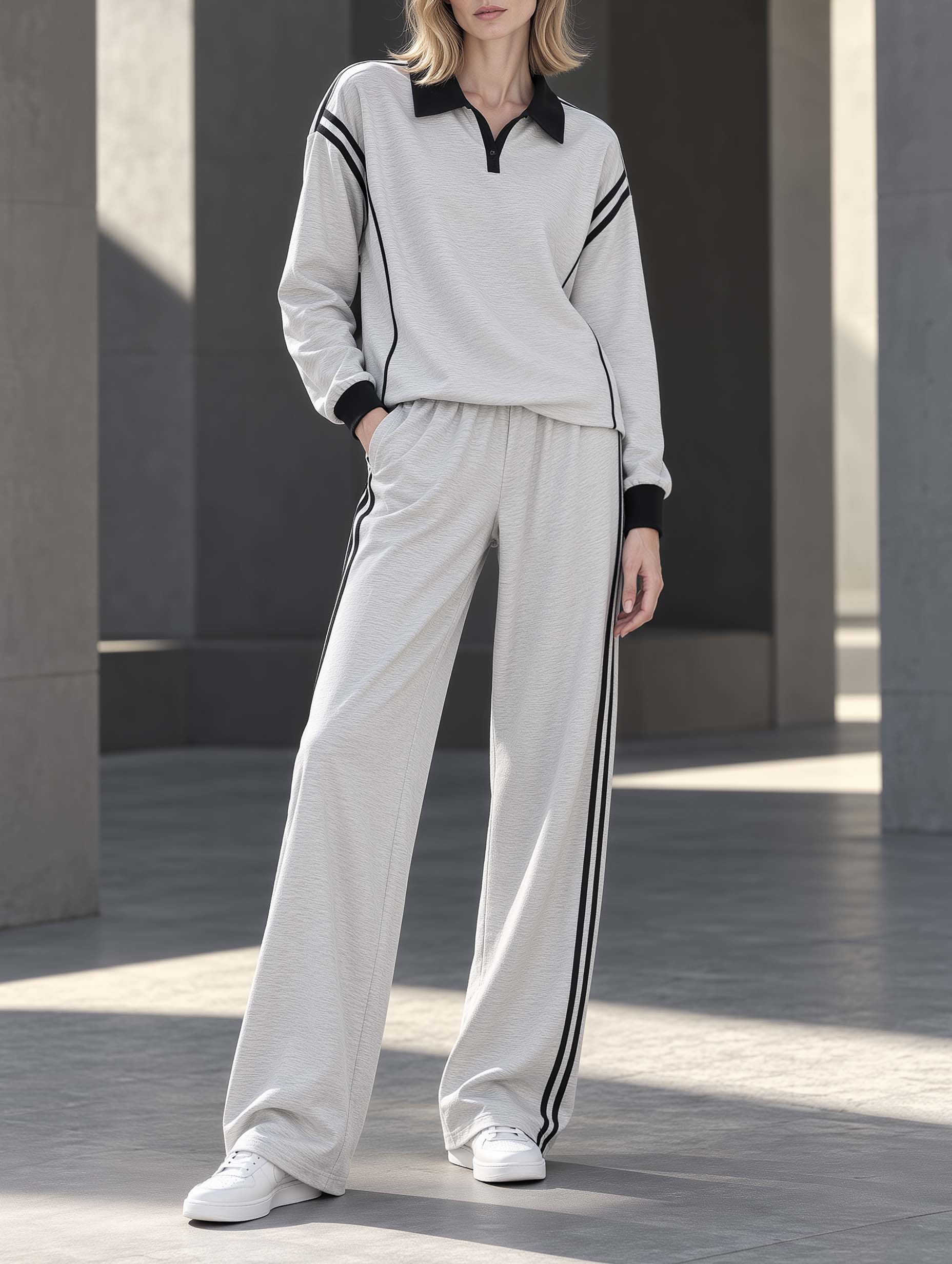 Athleisure-style Long-sleeved Top And Trousers Set In A Grey And Black Color-block Design With A Fold-over Collar