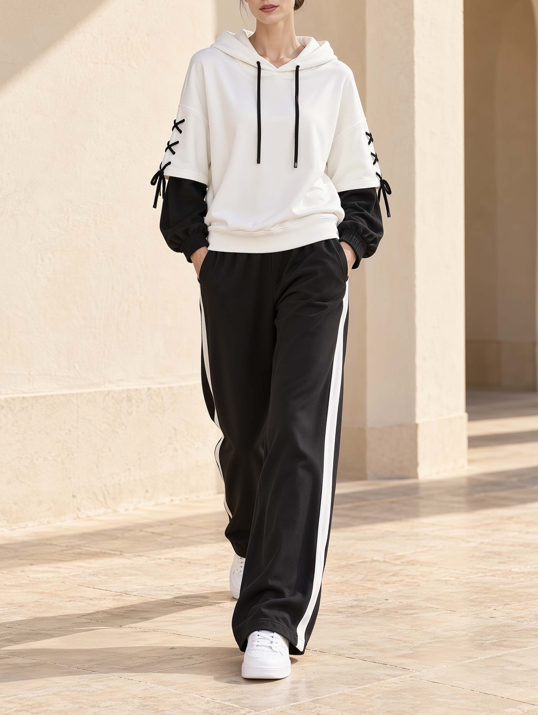 Stylish Two-Piece-Look Black And White Color-Block Long-Sleeve Hooded Sweatshirt And Pants Set