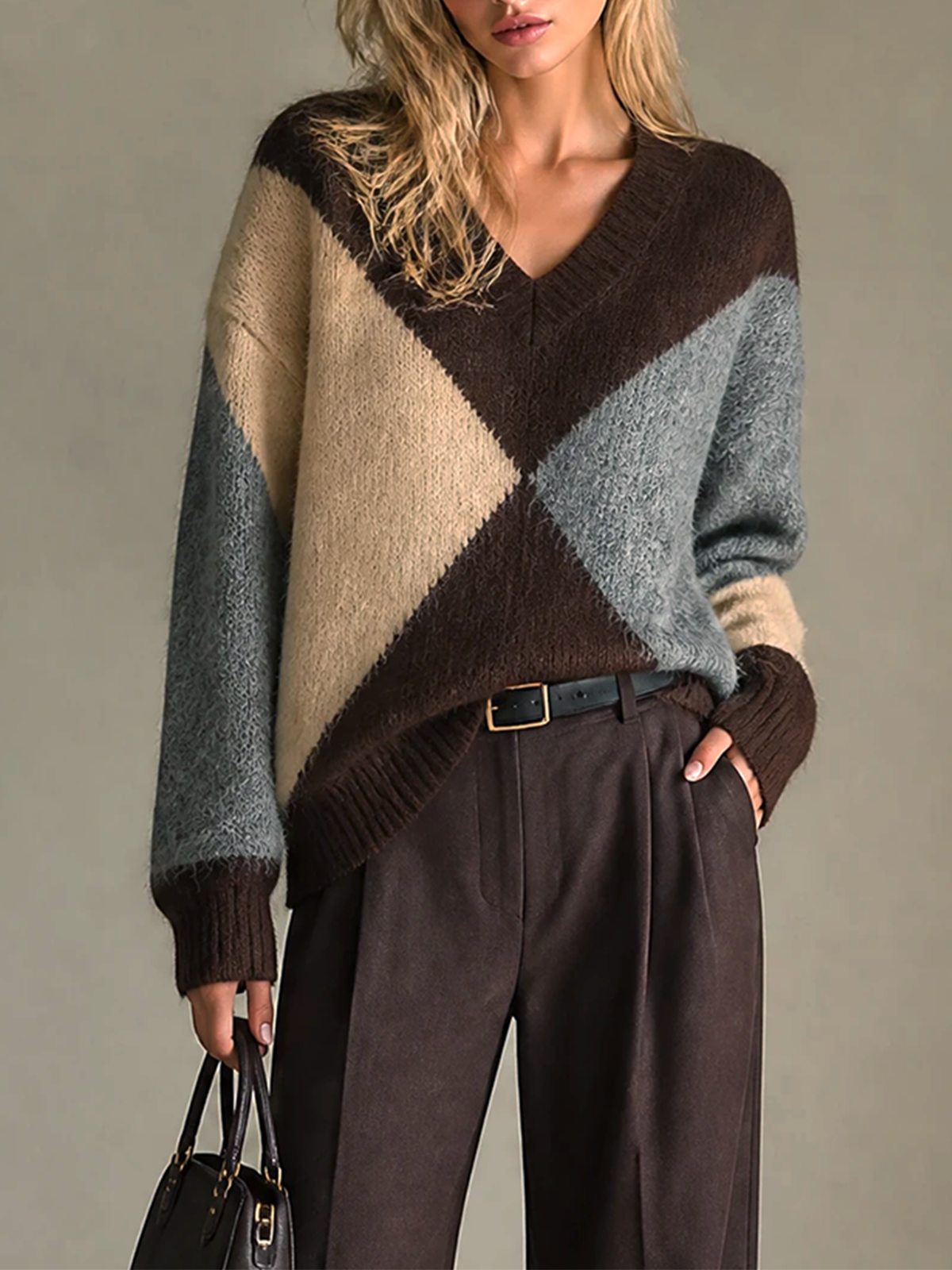 Dark Brown-Gray V-Neck Diamond Color Block Loose-Fit Fuzzy Knit Sweater
