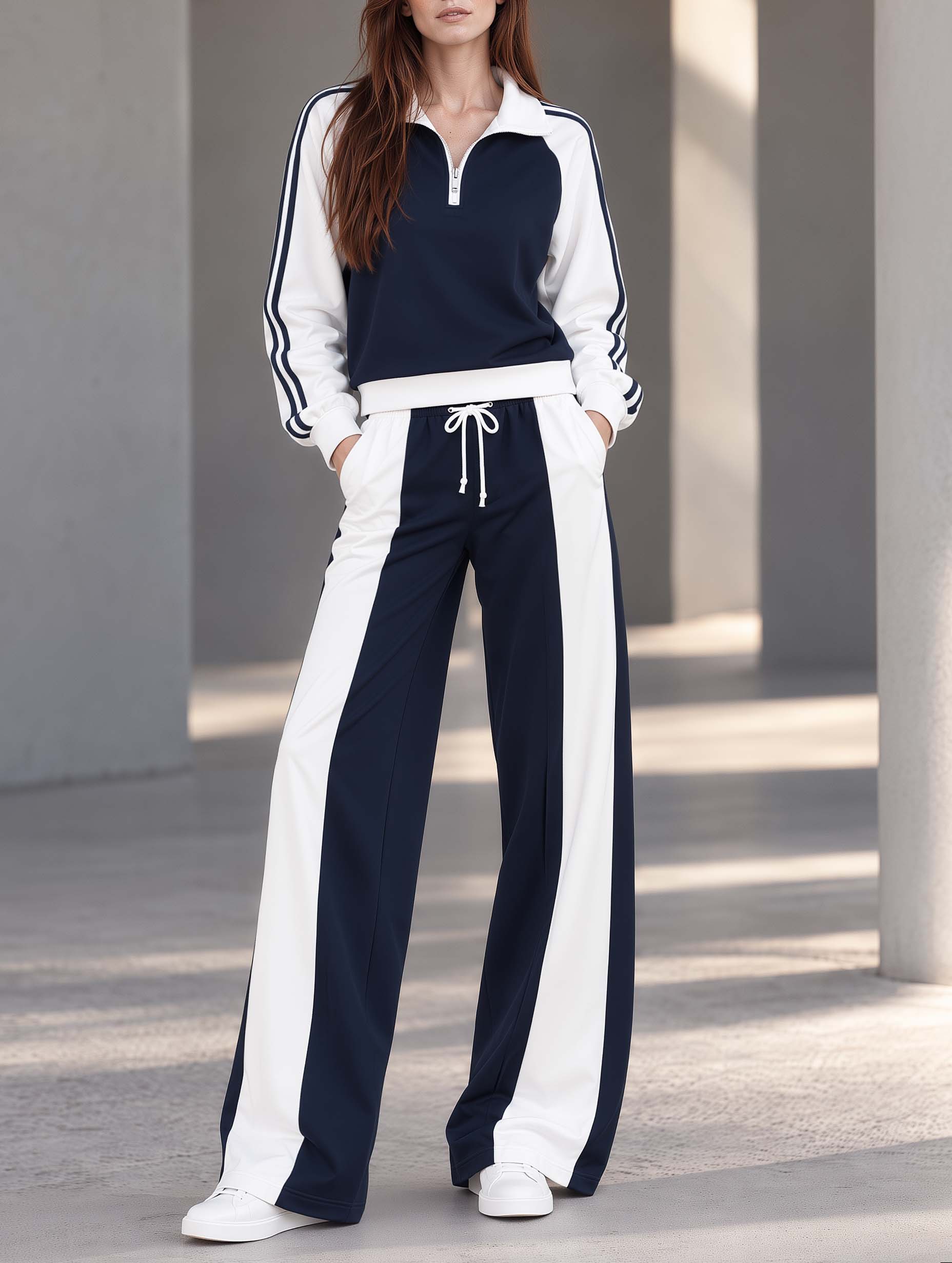 Stylish And Casual Navy And White Color-block Long-sleeve Top And Wide-leg Pants Set