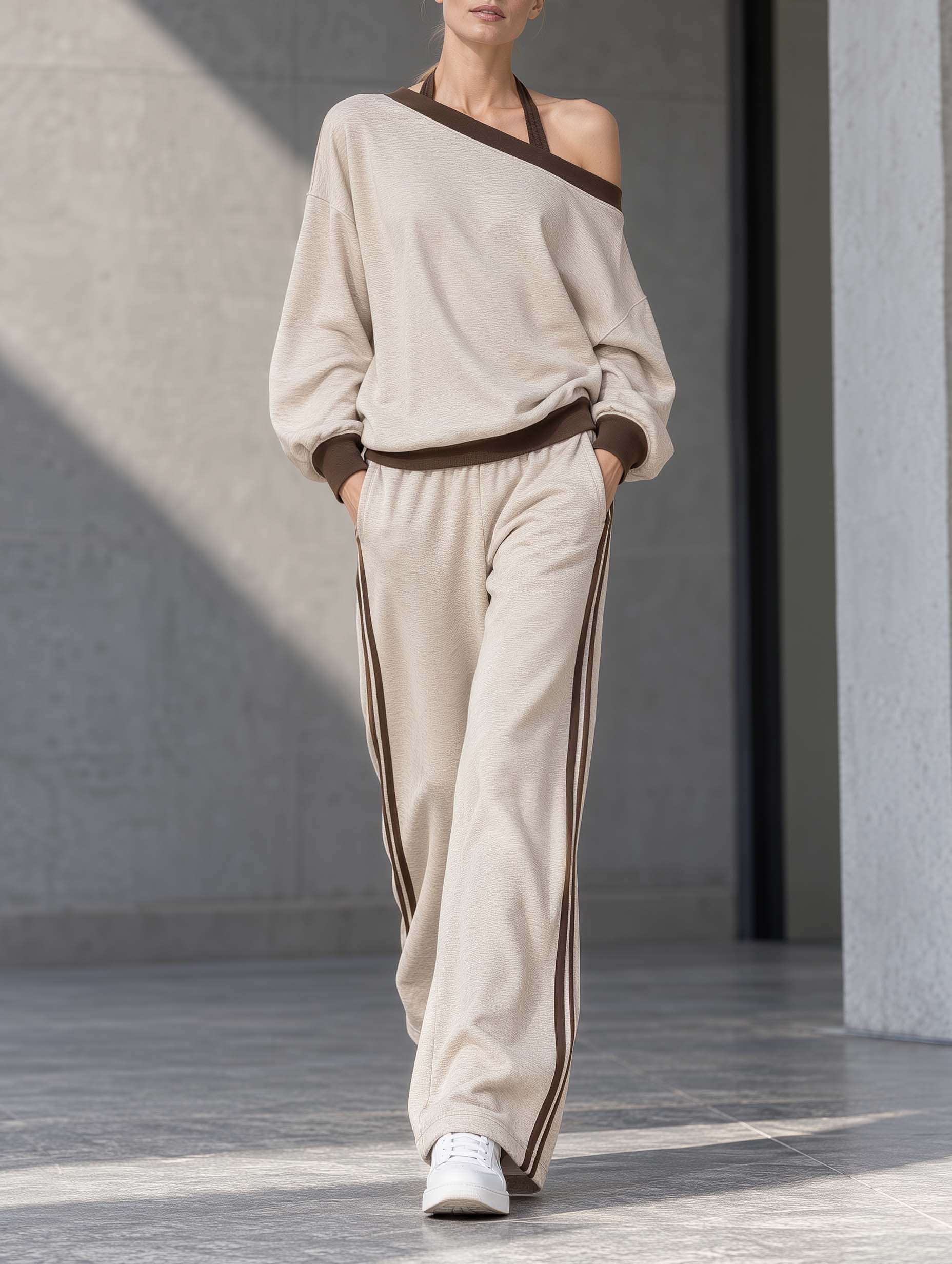 Oatmeal And Brown Color-block Off-shoulder Long-sleeve Top And Trousers Set