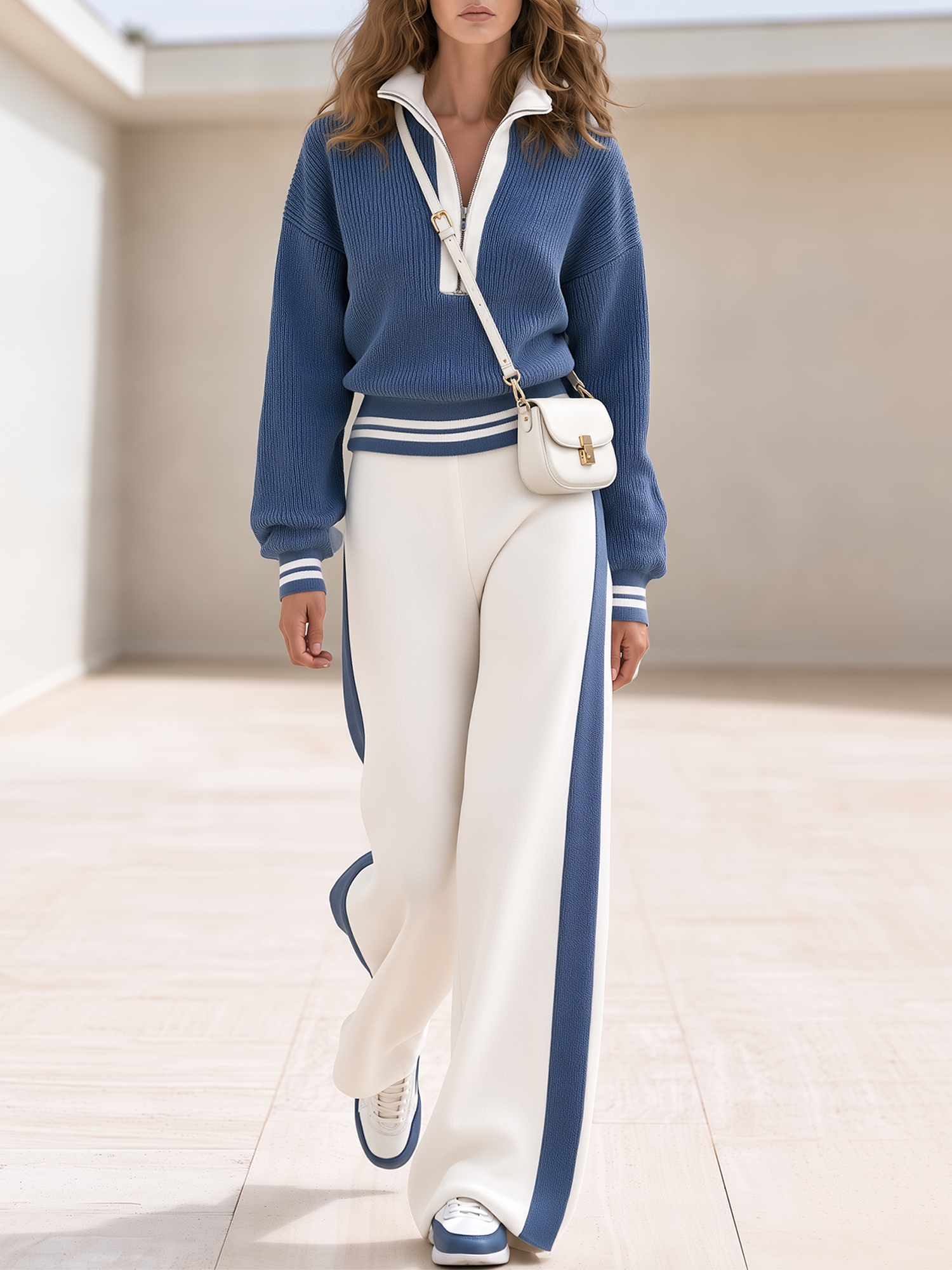 Haze-blue Colorblock Half-zip Knit Sweater And Wide-leg Trousers Set