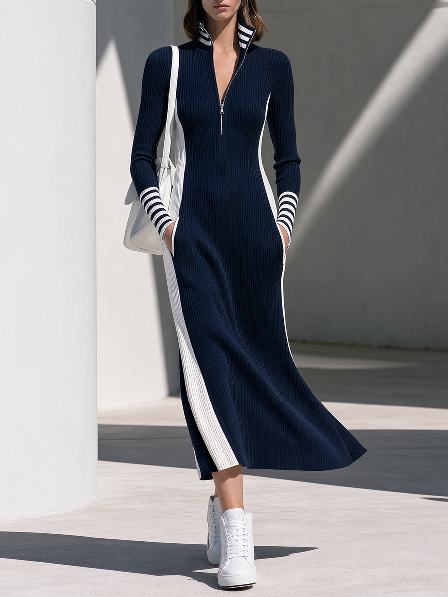 Navy Colorblock Half-zip Ribbed Knit Midi Skirt With Pockets