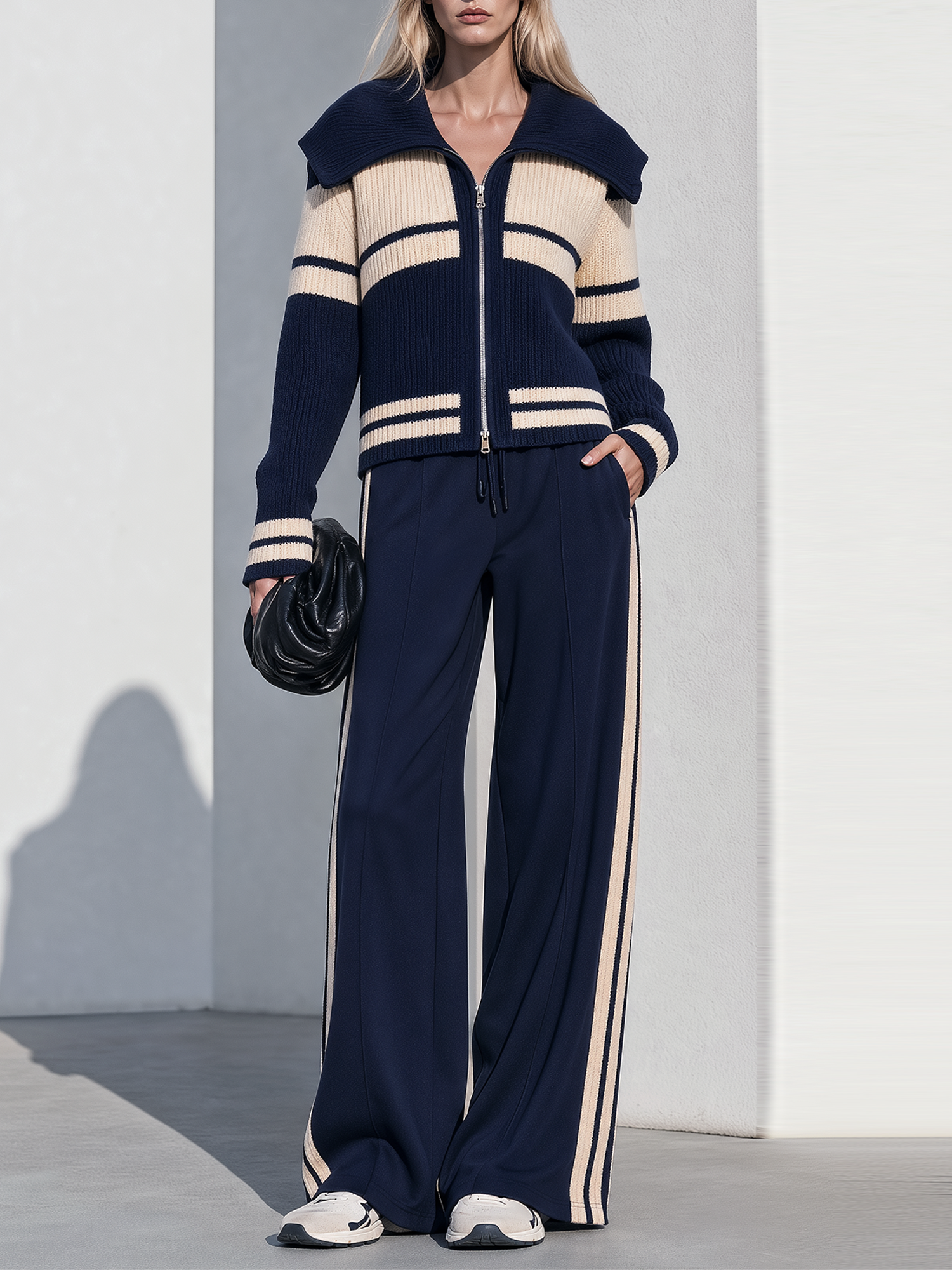 Navy Color-block Wide-collar Knit Cardigan And Side-stripe Wide-leg Trousers Set
