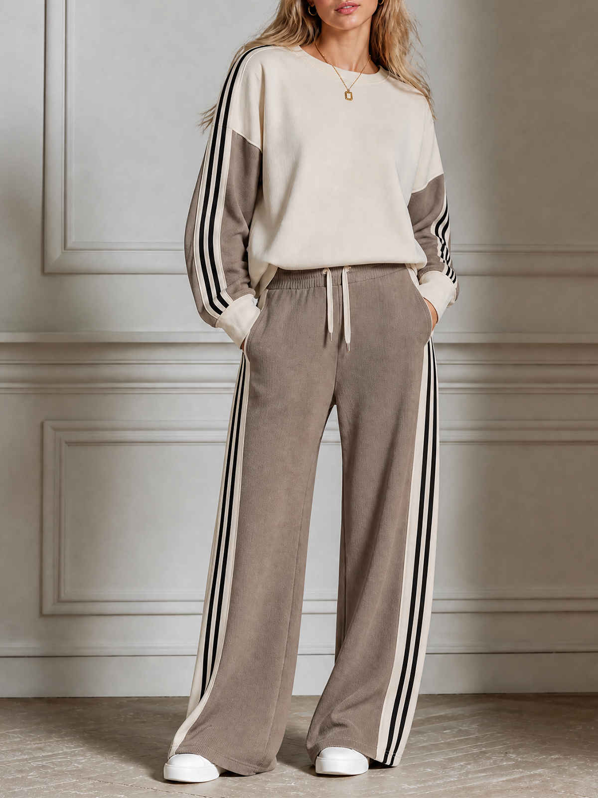 Off-White Crew Neck Contrast Stripe Sweatshirt Taupe Wide Leg Pants Two Piece Set