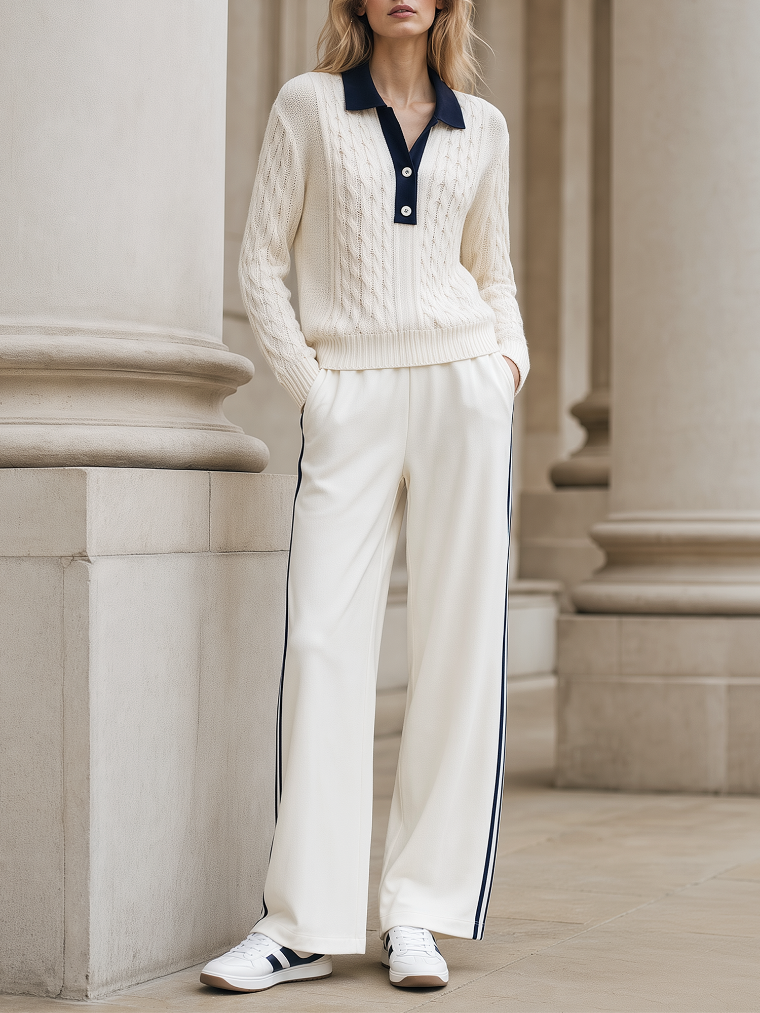 White Color-block Cable-knit Polo-collar Sweater And Wide-leg Trousers Set