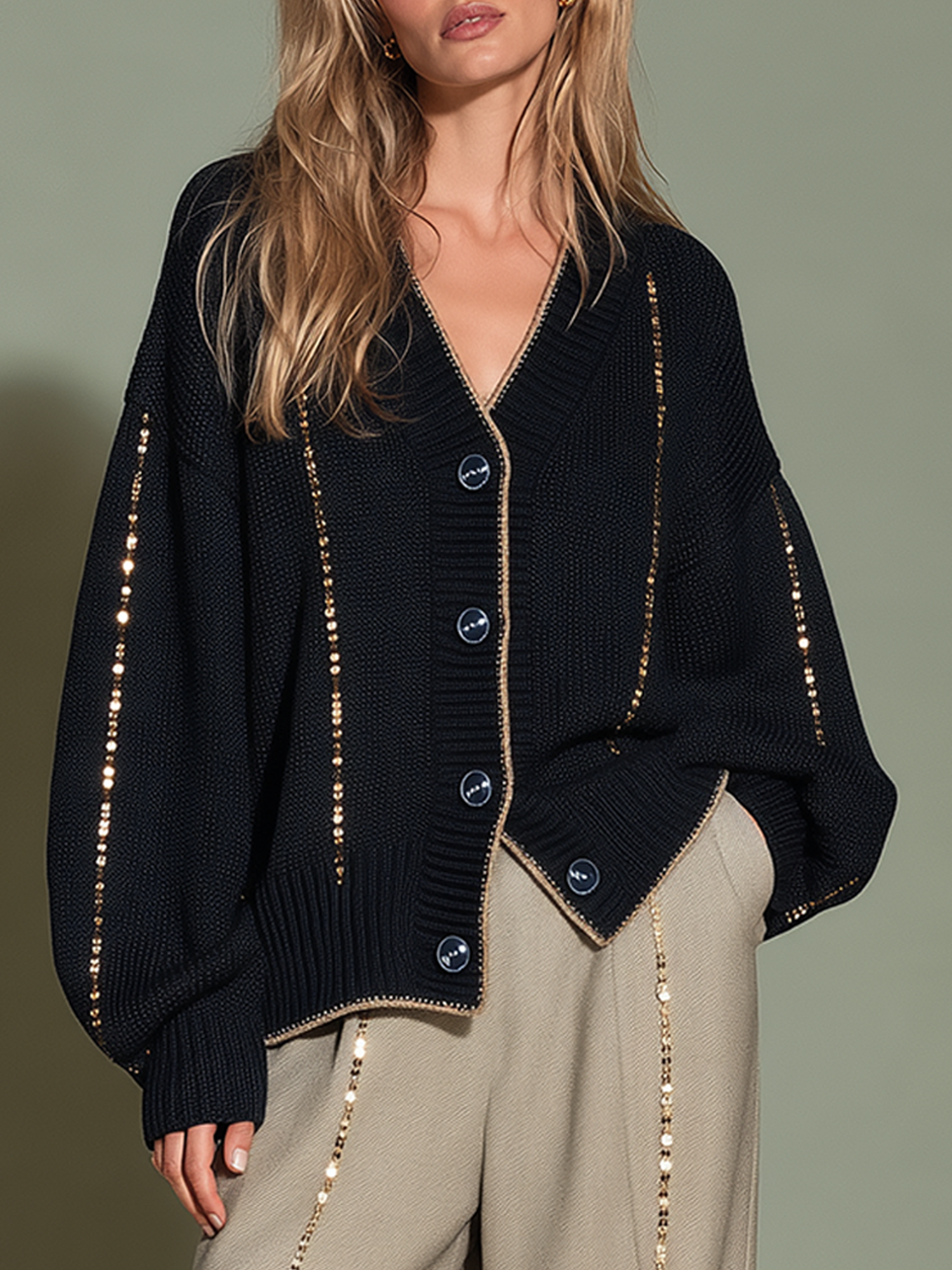 Stylish Deep Navy V-neck Knit Cardigan With Sequin Embellishments