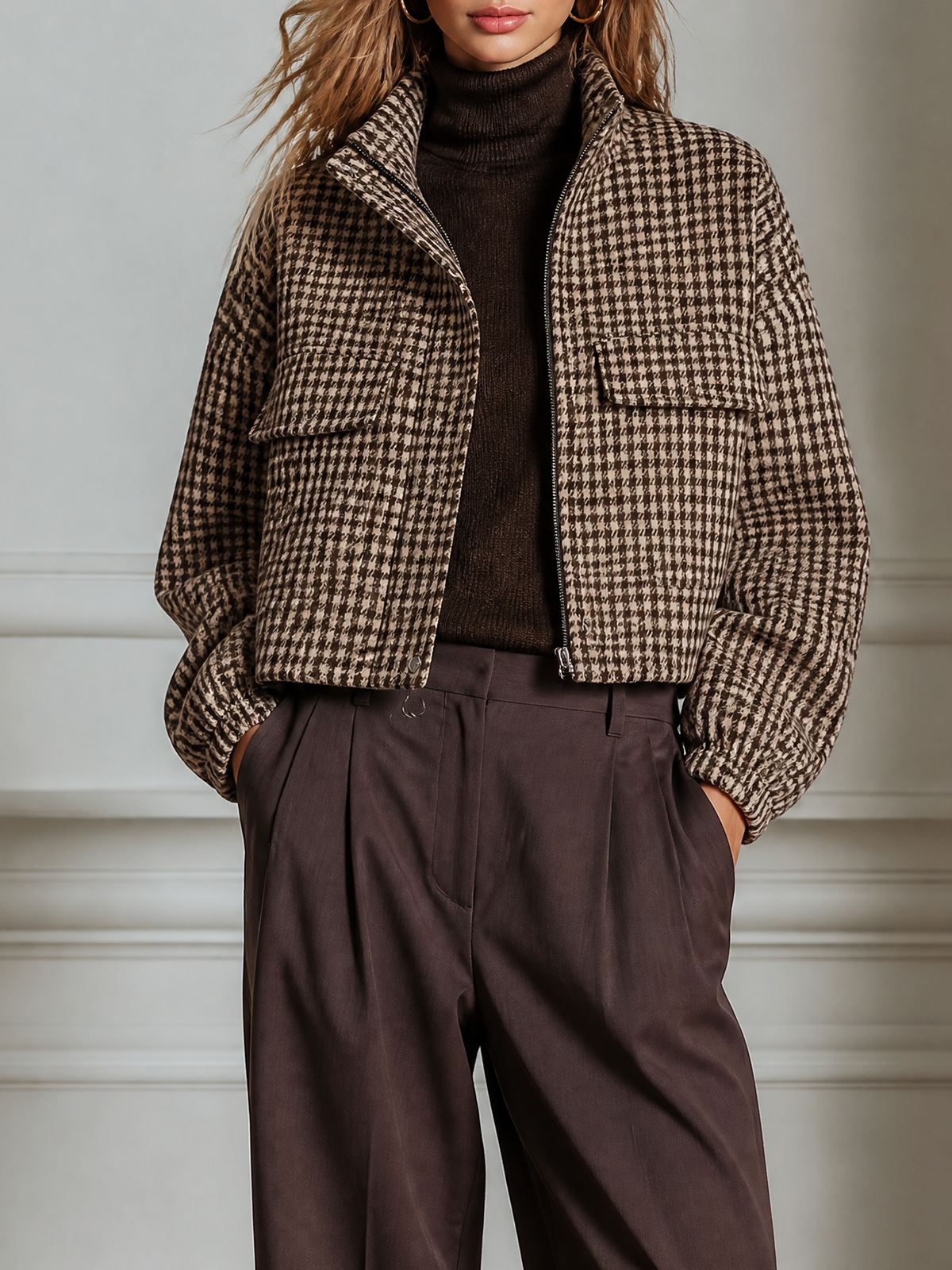 Brown Stand Full Zip Houndstooth Cropped Patch Pocket Wool Blend Jacket