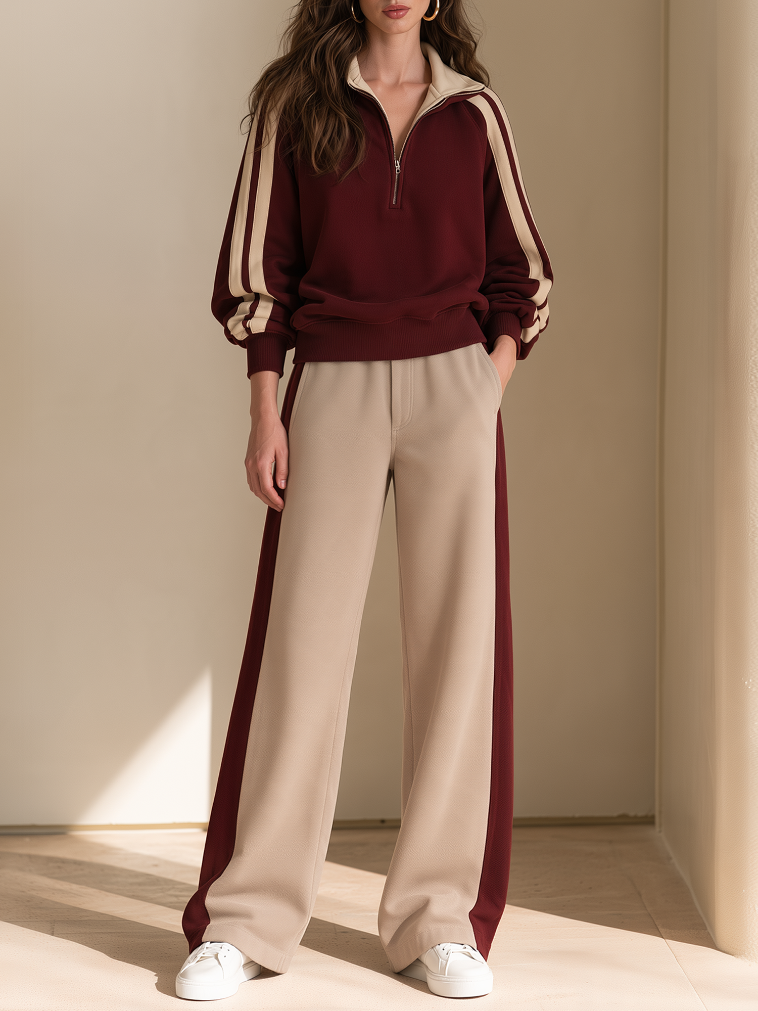 Burgundy Half-zip Colorblock Sweatshirt And Side-stripe Wide-leg Pants Set