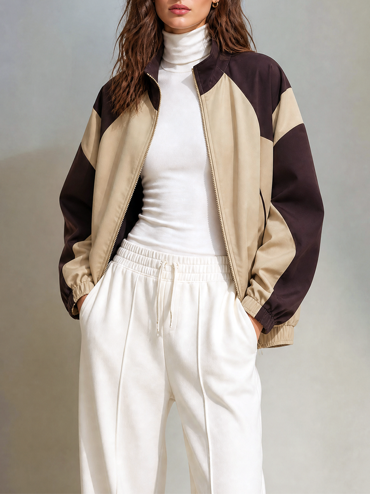 Dark Brown-Khaki Color Block Stand Full Zip Woven Fabric Jacket