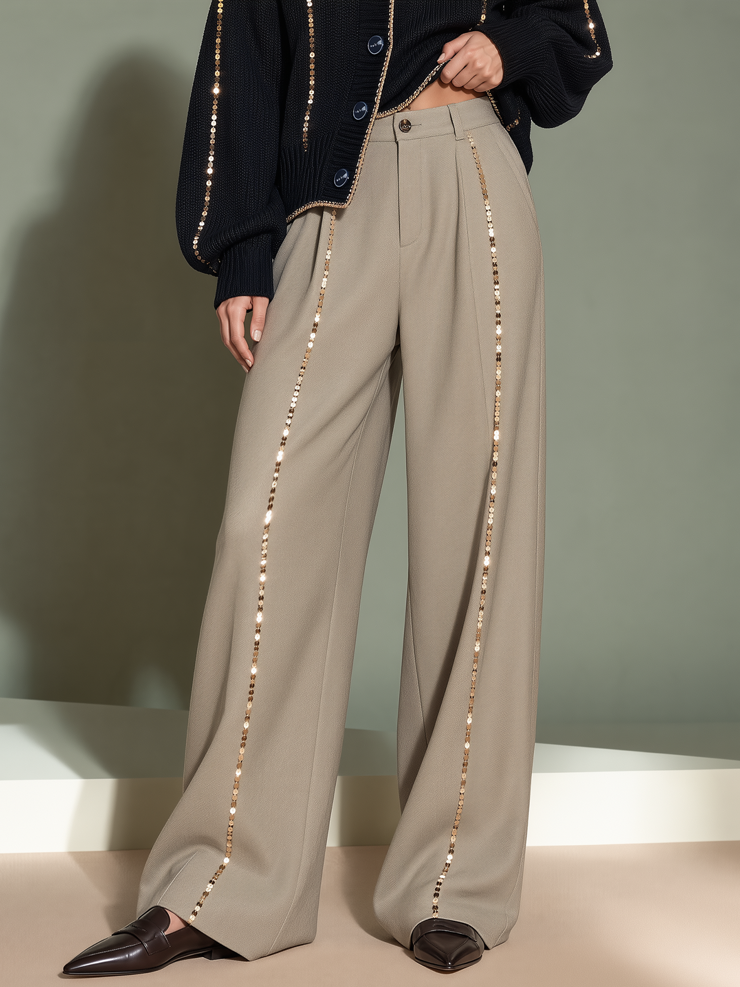 Stylish Oatmeal-Colored Wide-Leg Casual Trousers With Sequin Accents