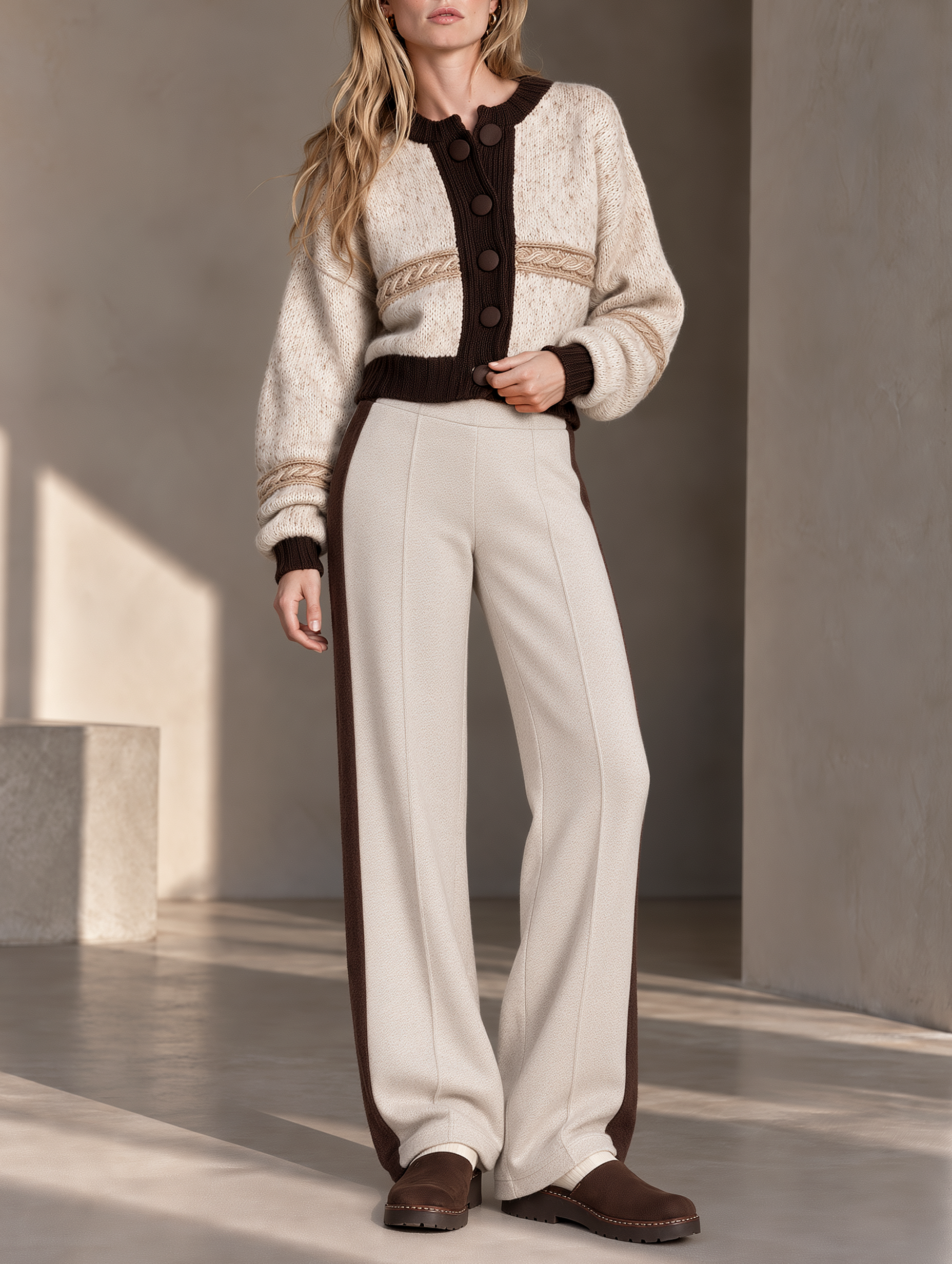 Cable-knit Color-block Cardigan And Straight-leg Trousers Set
