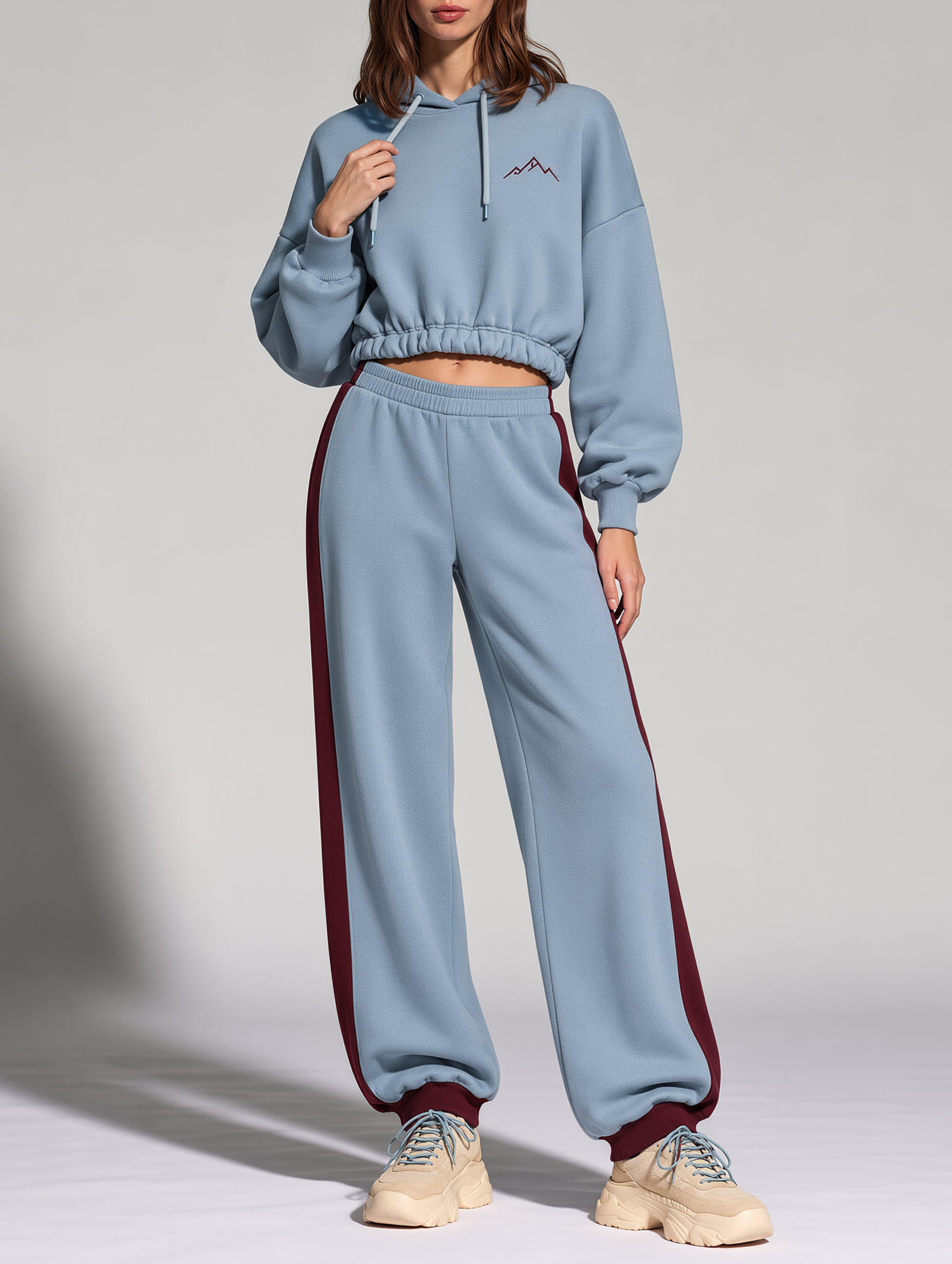 Dusty Blue Cropped Hoodie and Jogger Set with Burgundy Side Stripes
