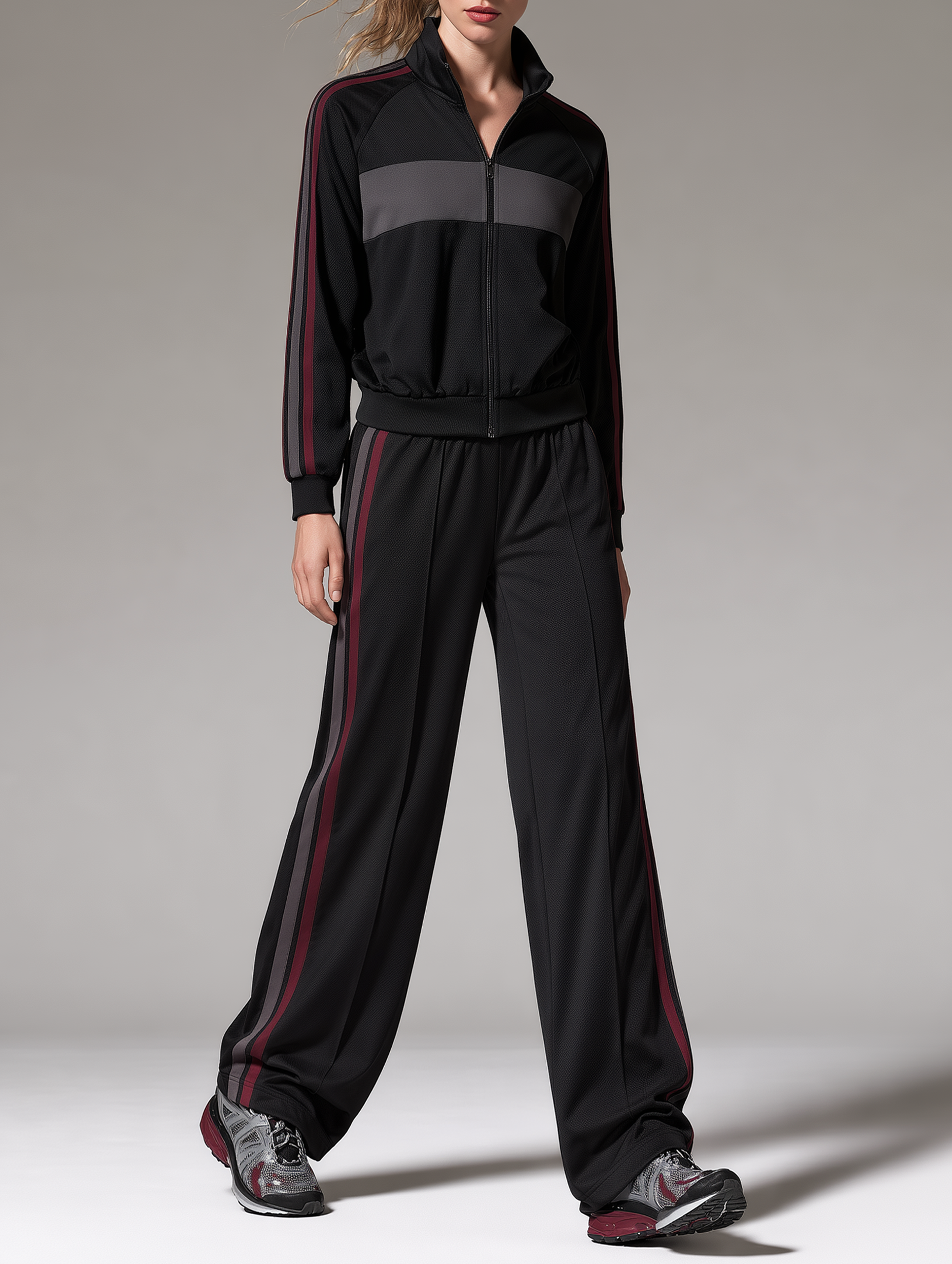 Black Color-block Sports Jacket And Wide-leg Trousers Set