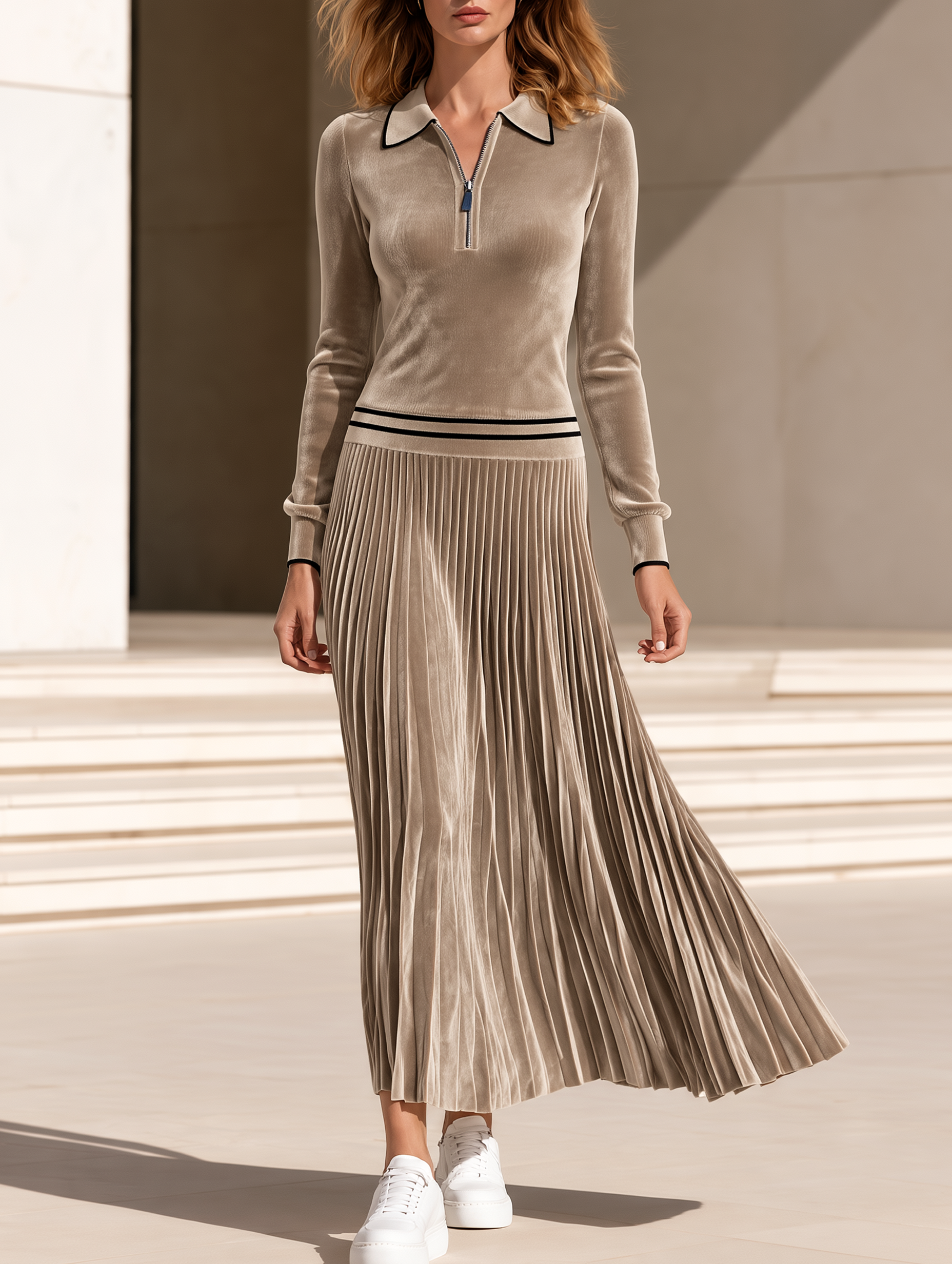 Taupe Velvet Half-zip Polo-collar Top And Pleated Midi Skirt