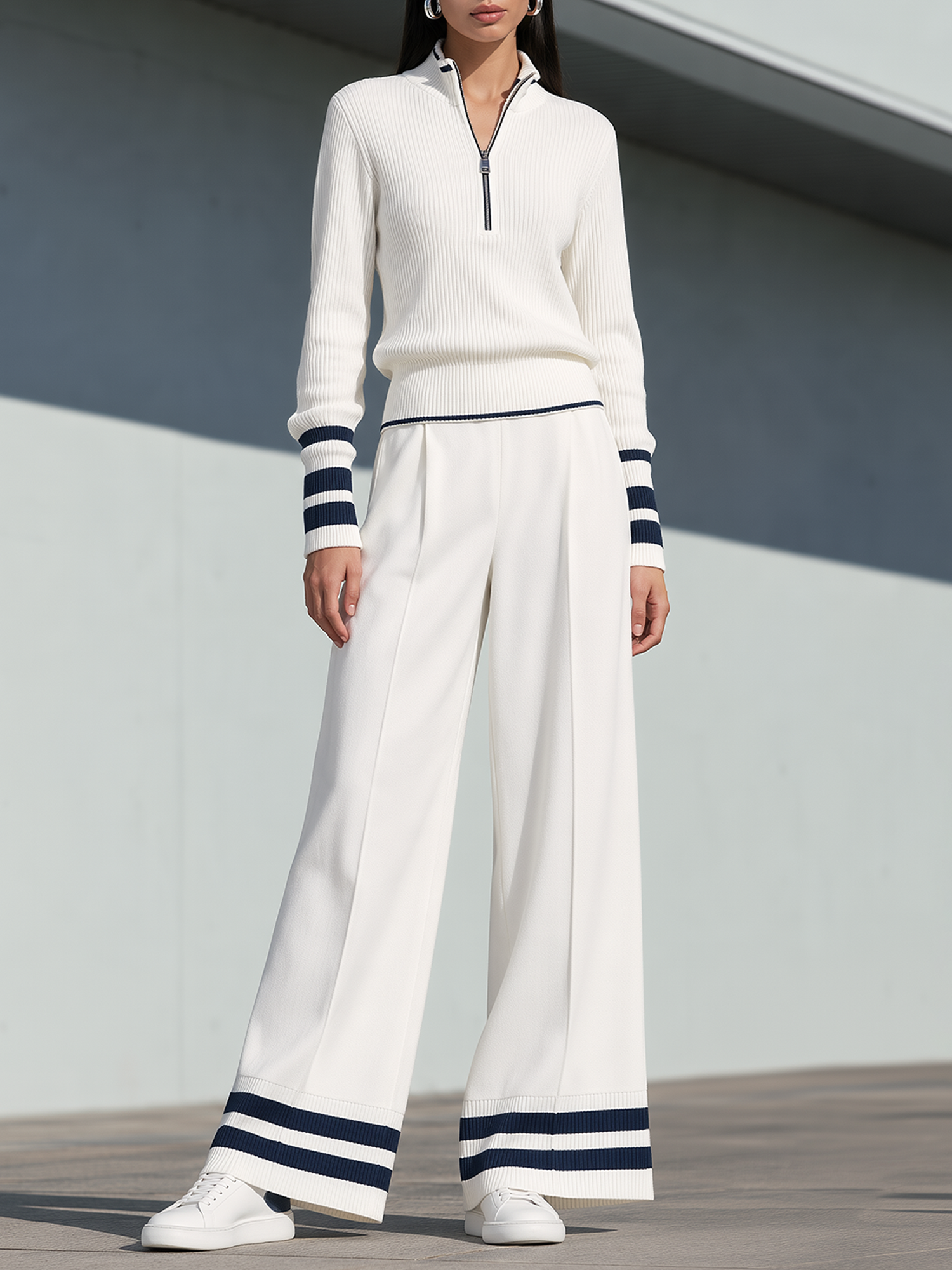 White And Navy Color-block Half-zip Sweater And Ribbed Wide-leg Pants Set