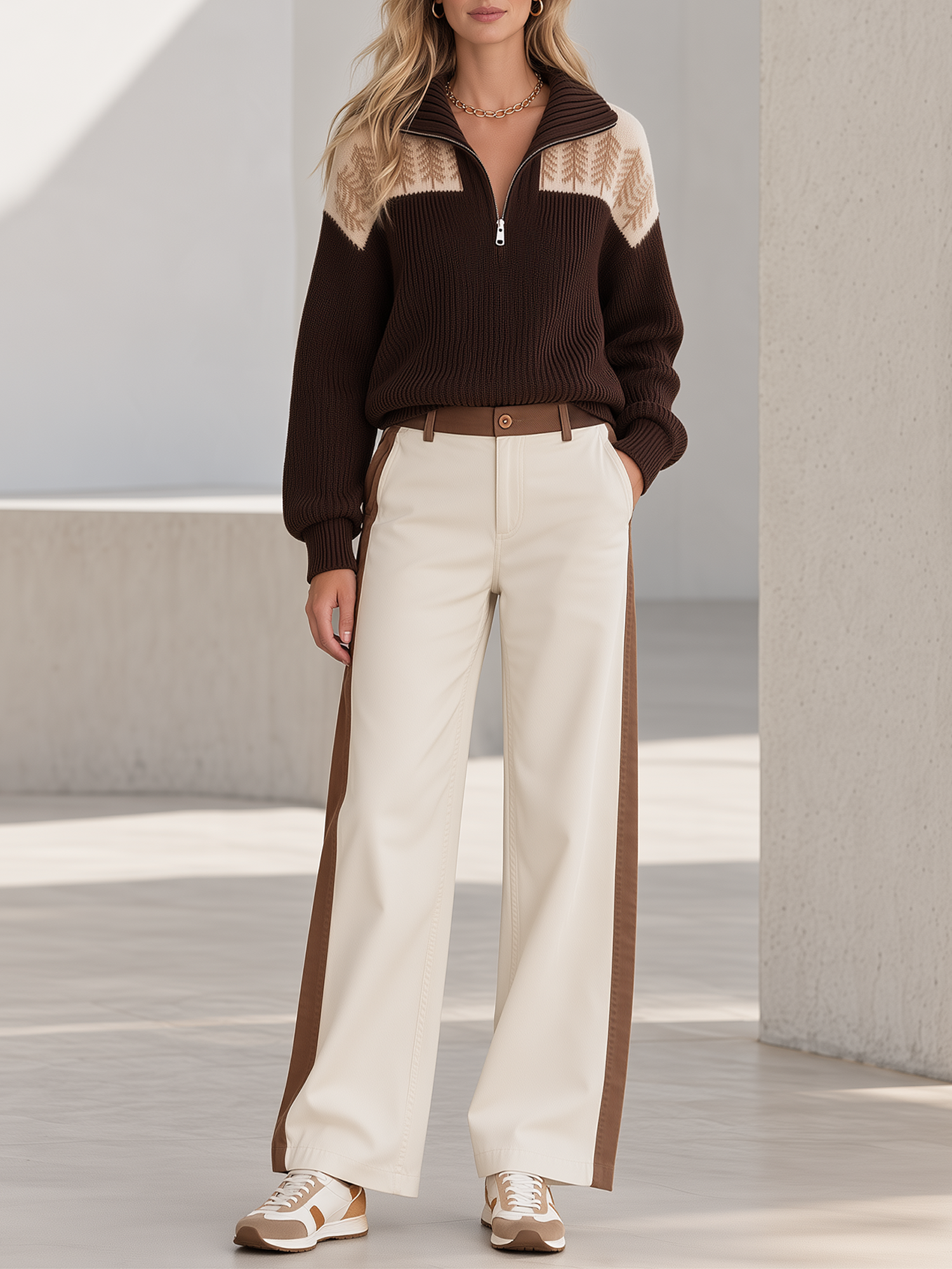 Brown Half-zip Jacquard Sweater With Color-block Wide-leg Trousers Set