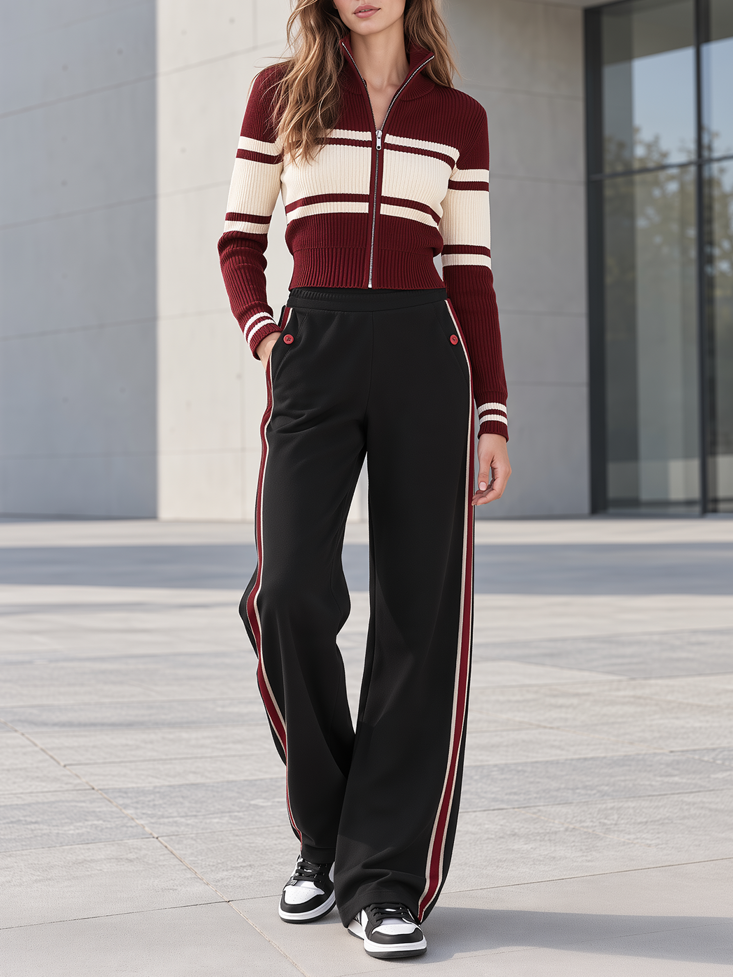 Burgundy And White Striped Zip-up Knit Cardigan And Black Trousers Set