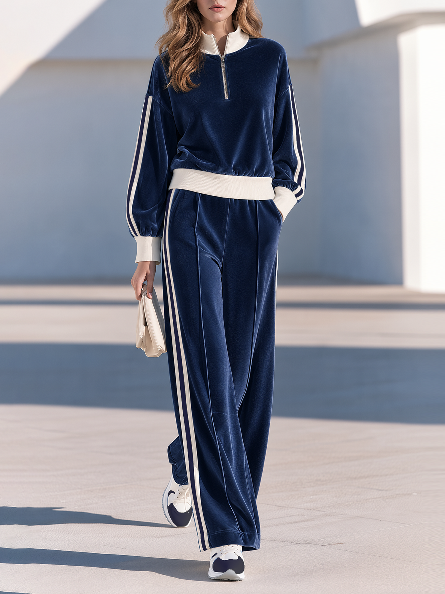 Navy Blue Color-block Velvet Half-zip Top And Wide-leg Trousers Lounge Set