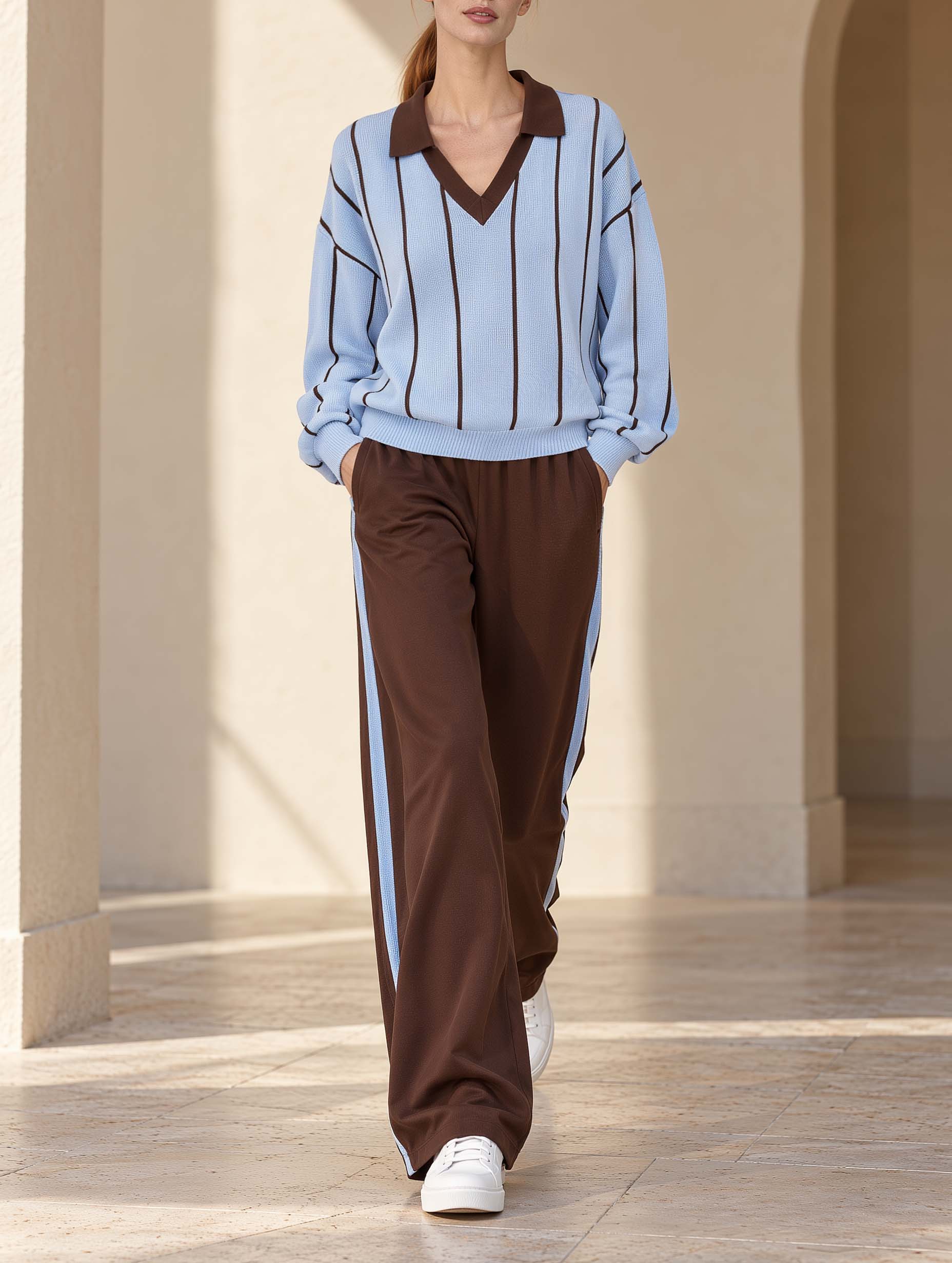 Comfortable And Casual Blue And Brown Color-block V-neck Long-sleeve Sweater And Wide-leg Pants Fashion Set