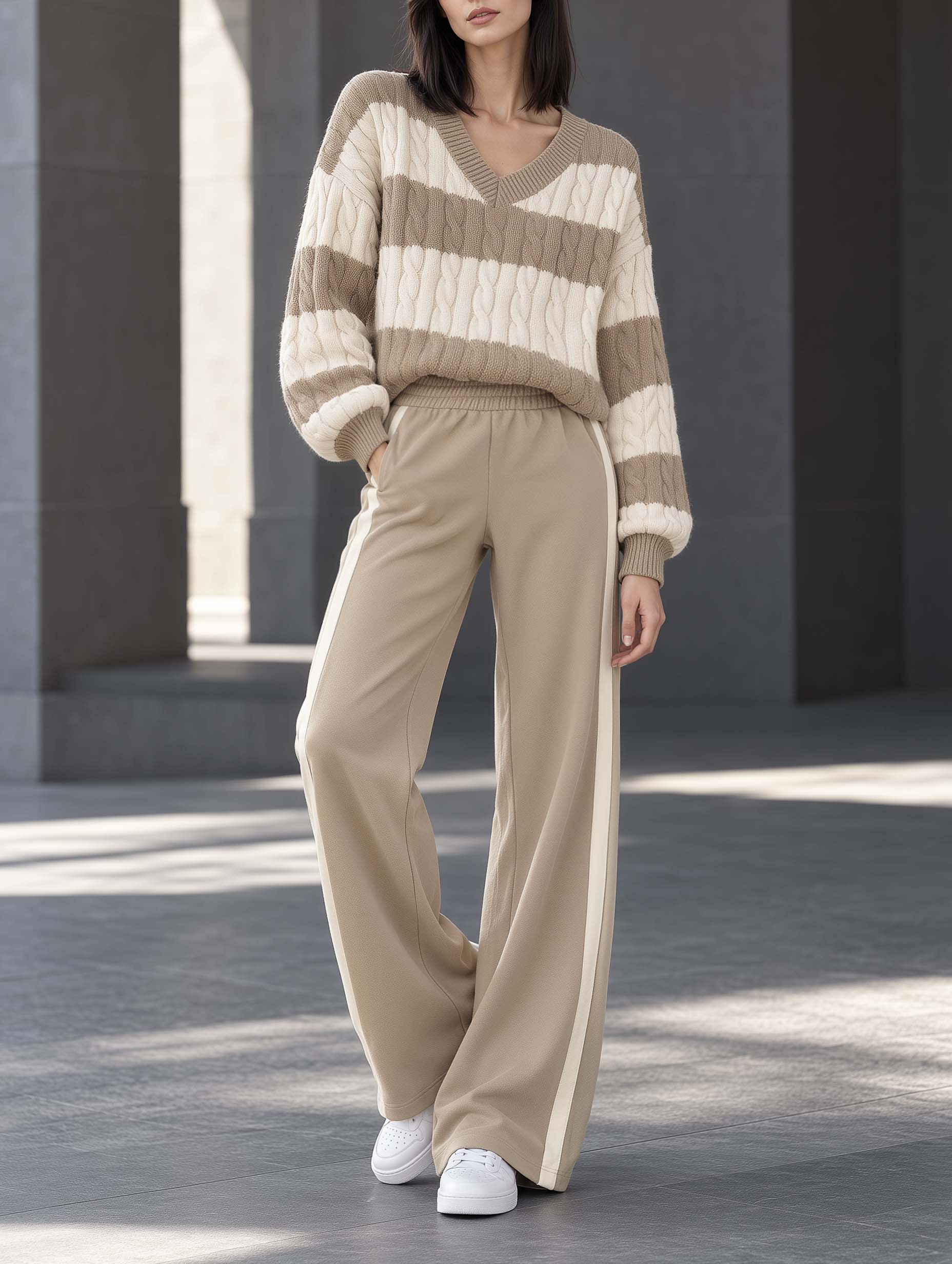 Stylish And Versatile V-neck Long-sleeve Sweater And Wide-leg Trousers Set In A Khaki And Off-white Color-block Design