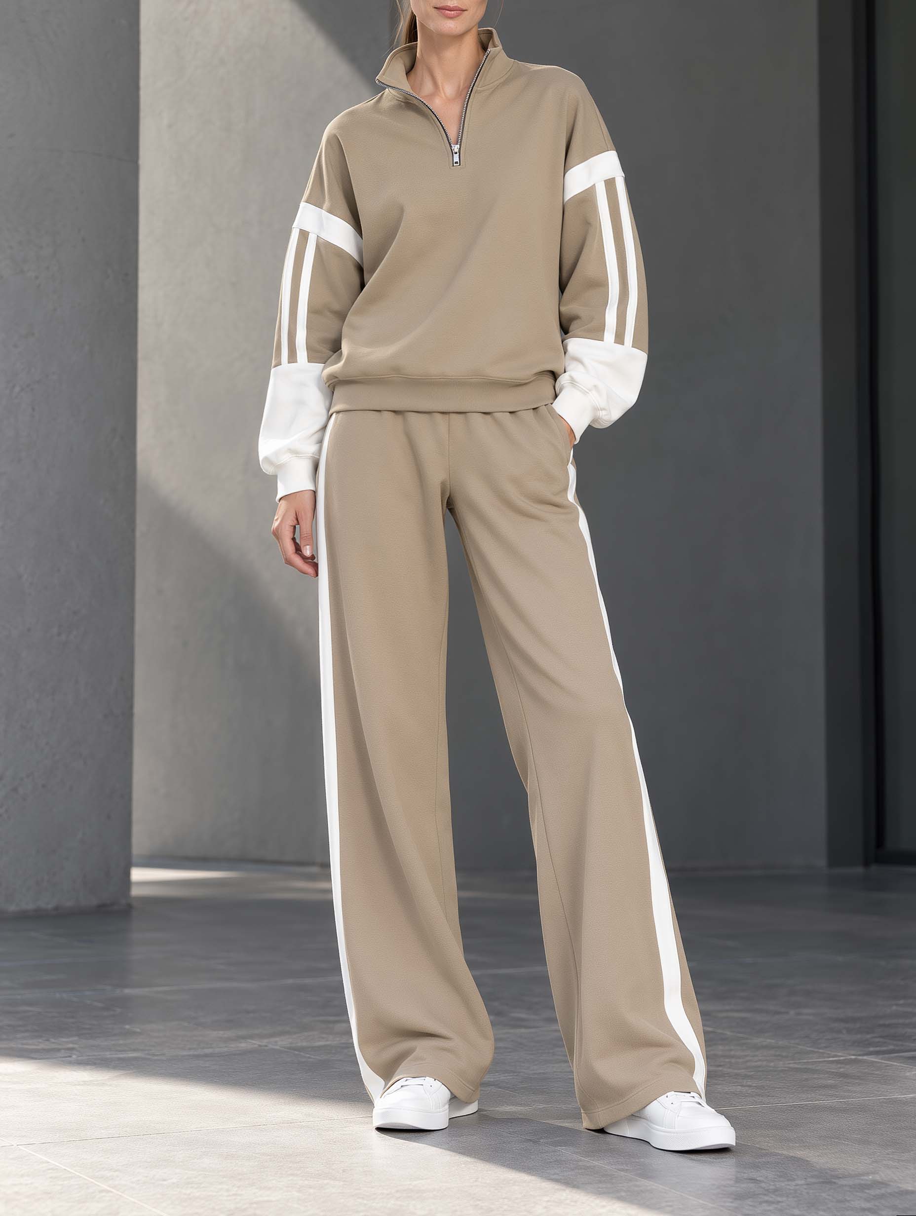 Athleisure-style Khaki Color-block Long-sleeve Top With Half-zip Collar And Matching Trousers Set