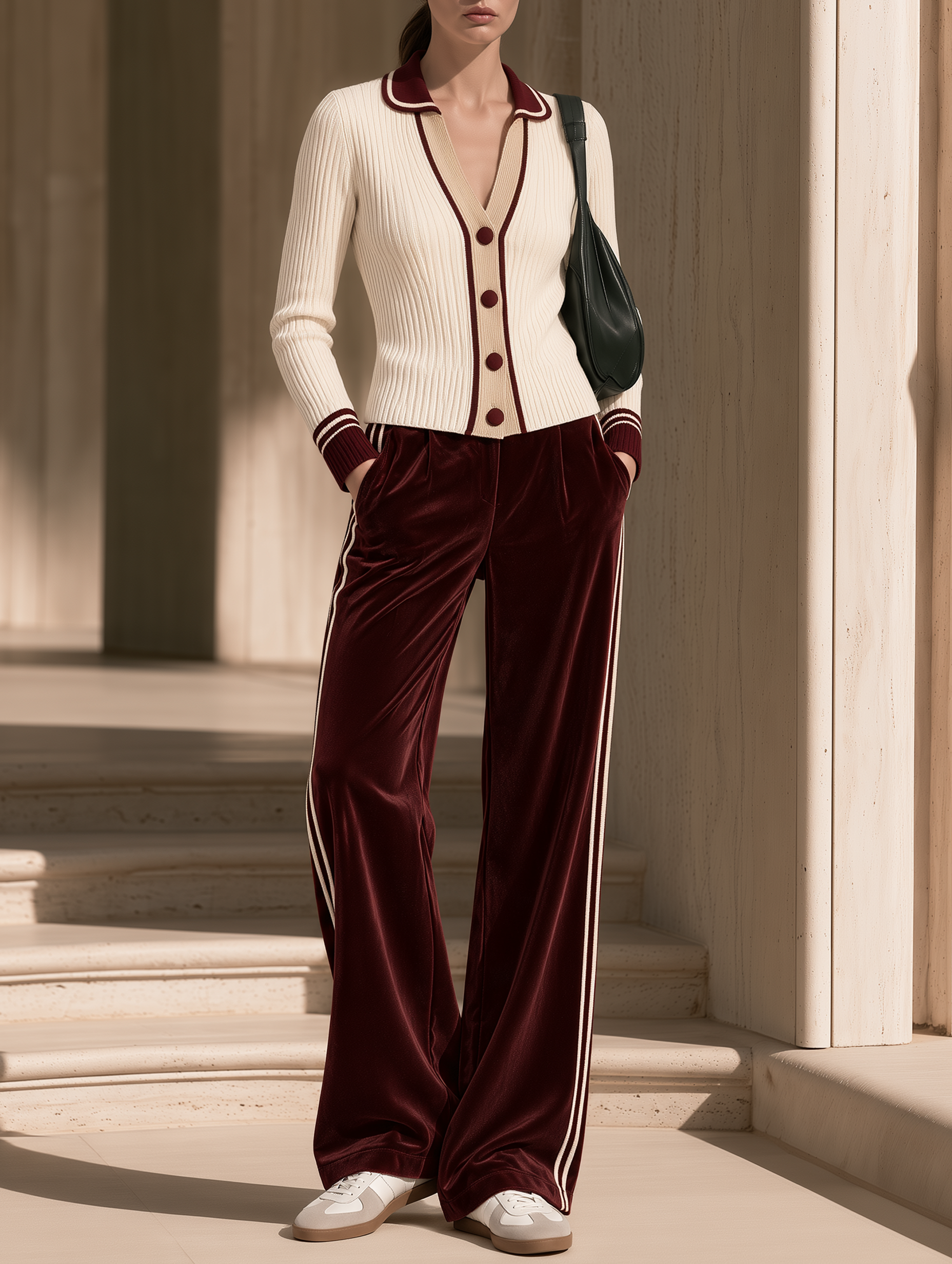 Beige Cardigan And Burgundy Velvet Wide-leg Trousers Set