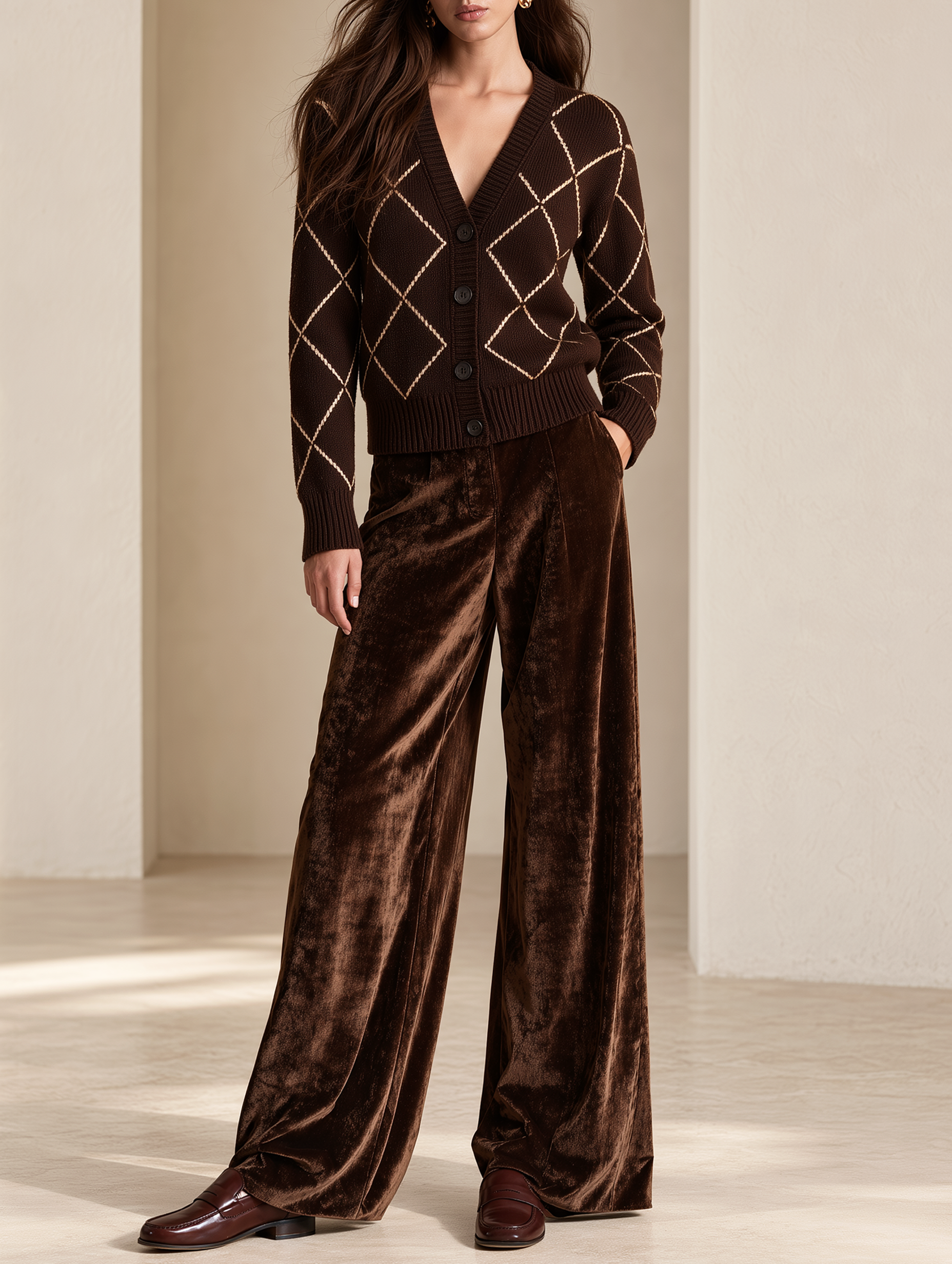 Argyle V-neck Knit Cardigan And Velvet Wide-leg Trousers Set