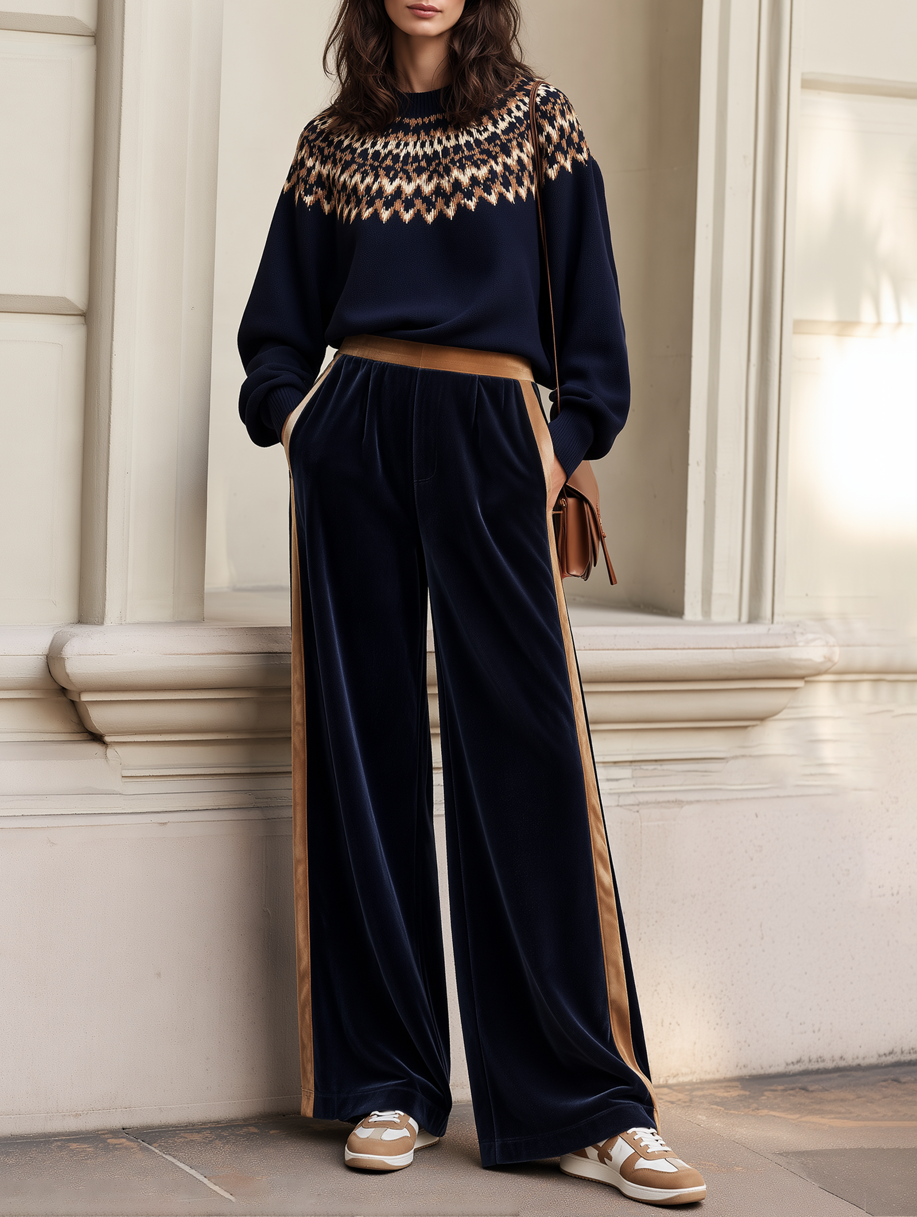 Navy Blue Jacquard Sweater And Velvet Wide-leg Trousers Set