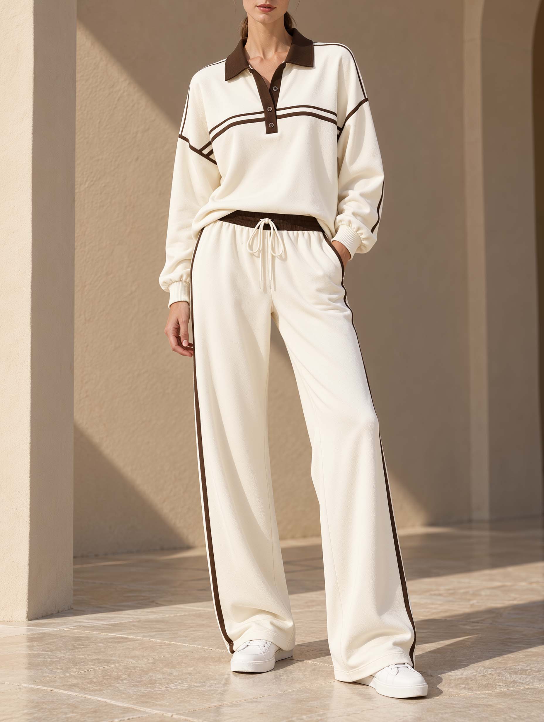 Casual Off-white And Brown Color-block Long-sleeve Top And Wide-leg Pants Set