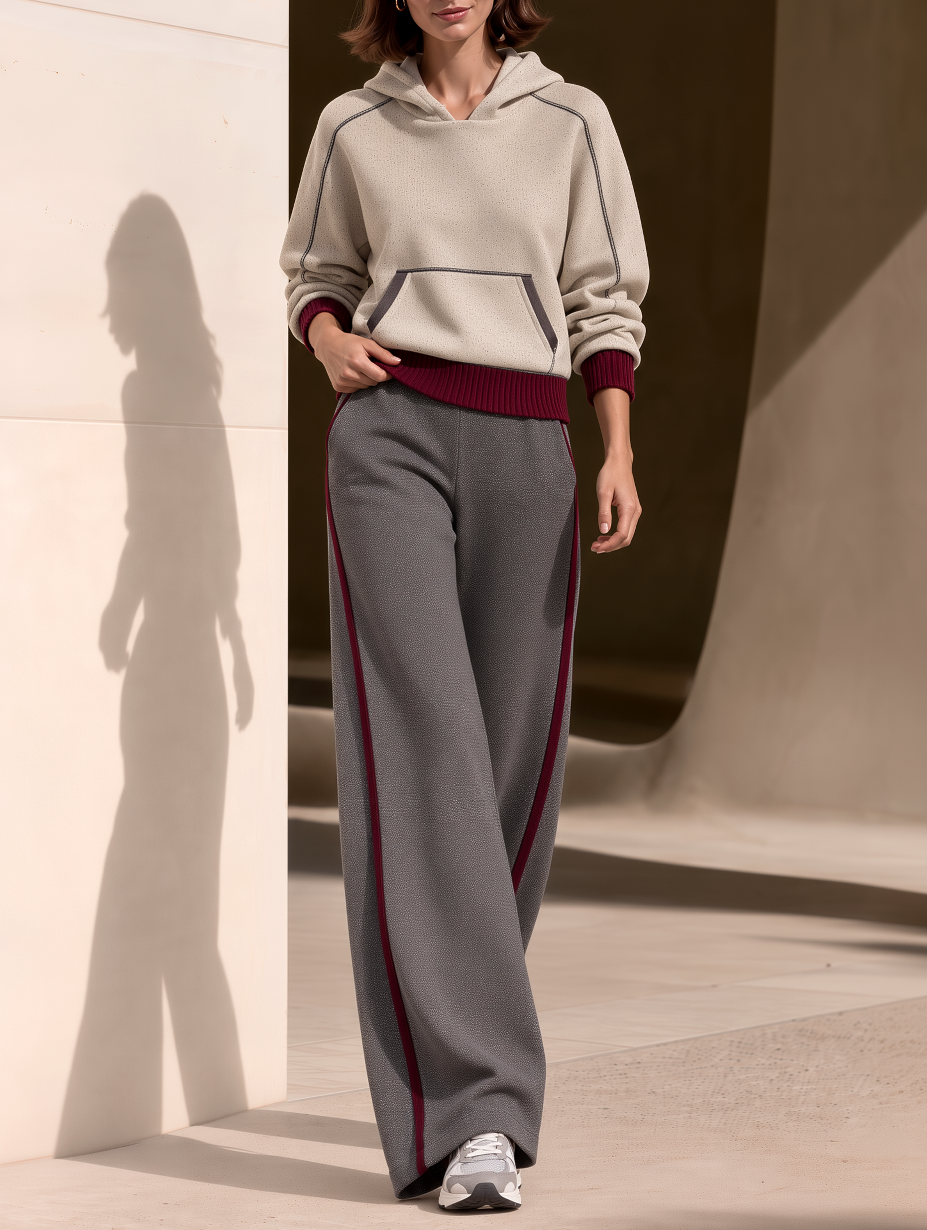 Light Gray Color-block Hooded Sweatshirt And Wide-leg Pants Set