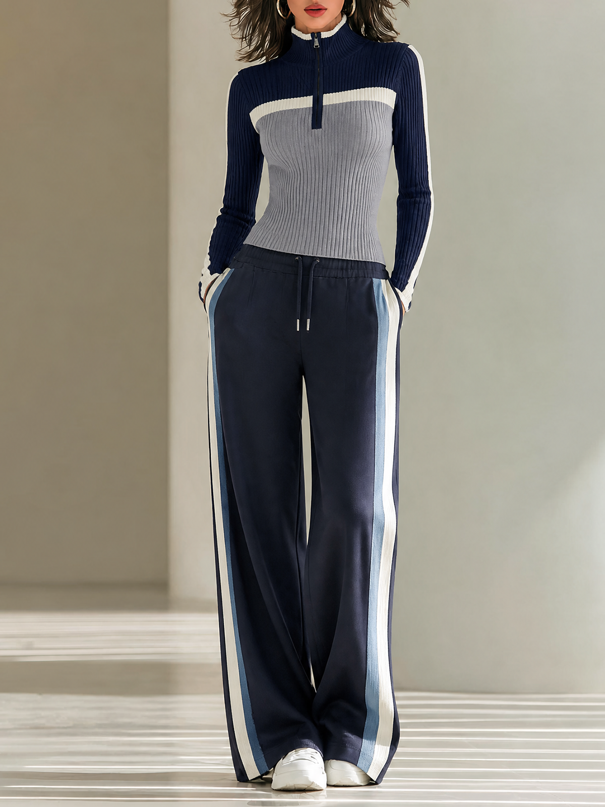 Navy Blue-Gray Colorblock Half-Zip Stand Collar Knit Sweater Side-Stripe Wide-leg Pants Set