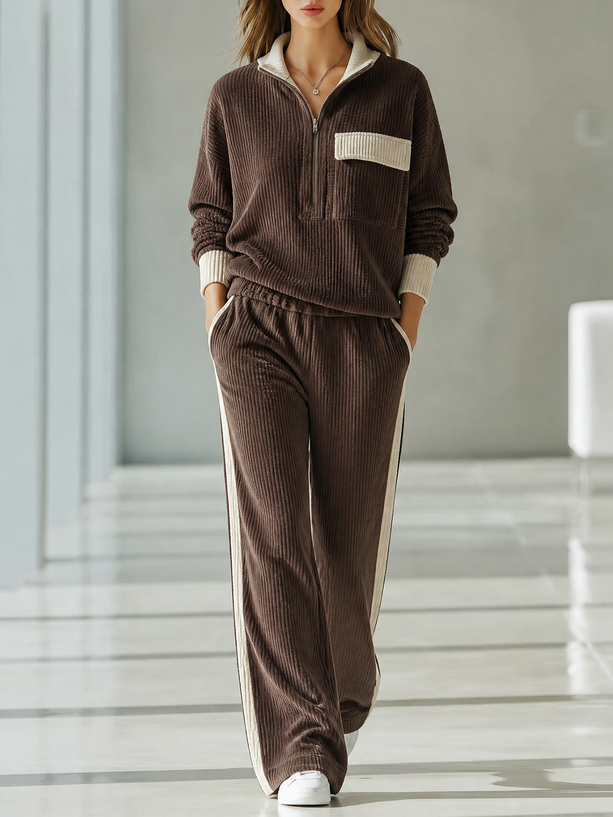 Dark Brown-Off White Colorblock Half-Zip Stand Collar Corduroy Top Side-Stripe Wide-leg Pants Set