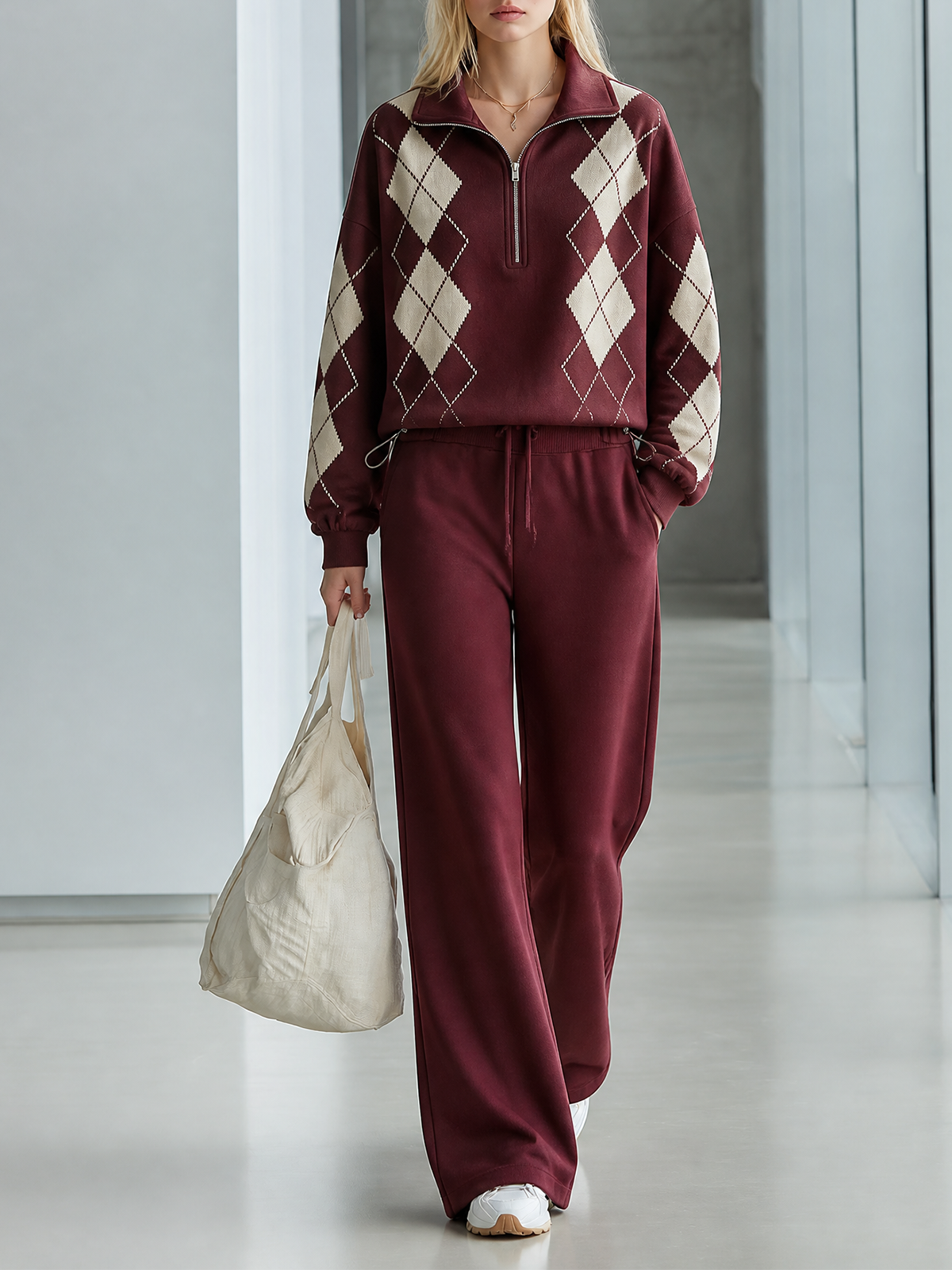 Burgundy Lape Collar Half-Zip Argyle Print Sweatshirt Wide-leg Pants Set